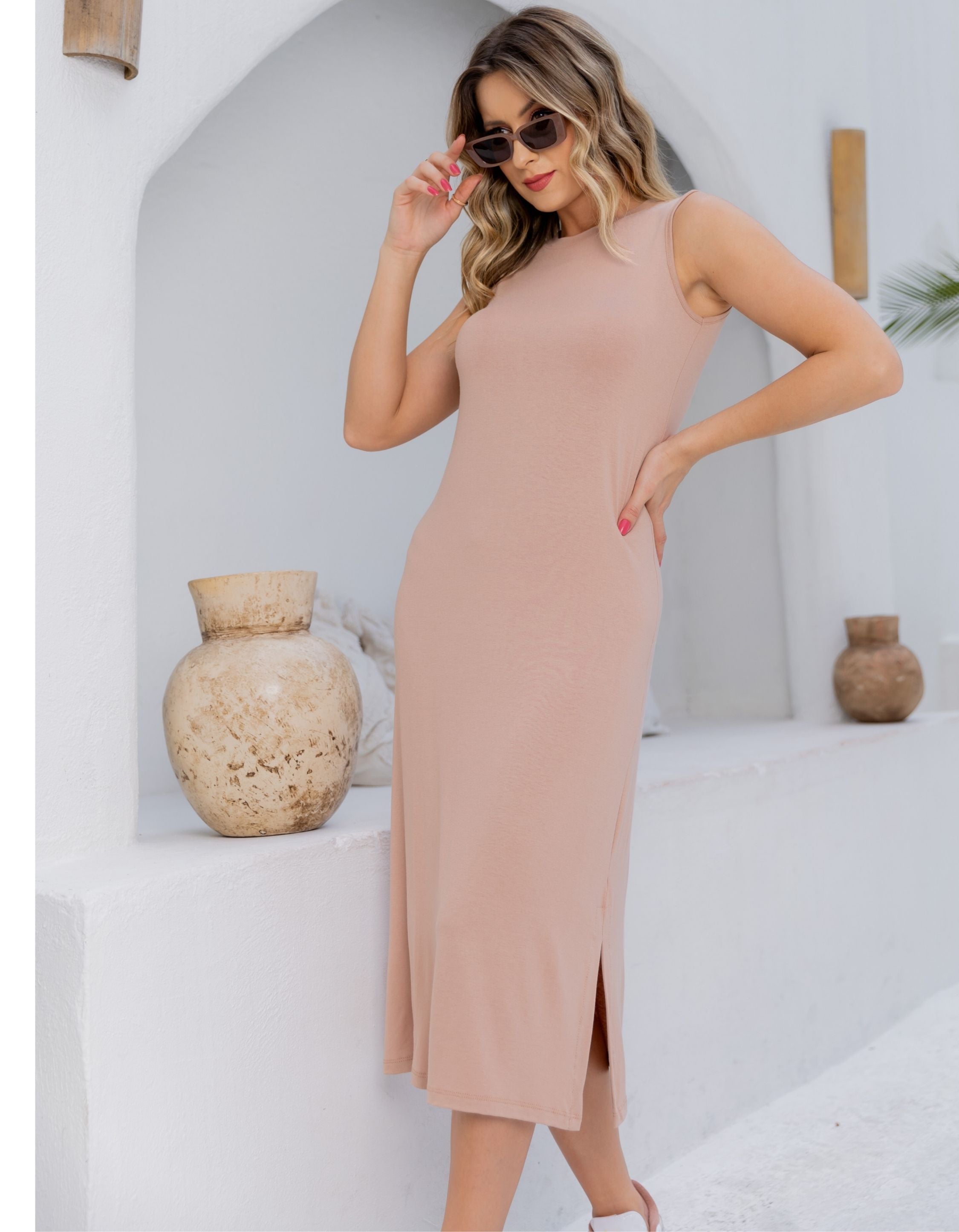 Vestido Midi Malha de Viscose com Fenda Lateral
