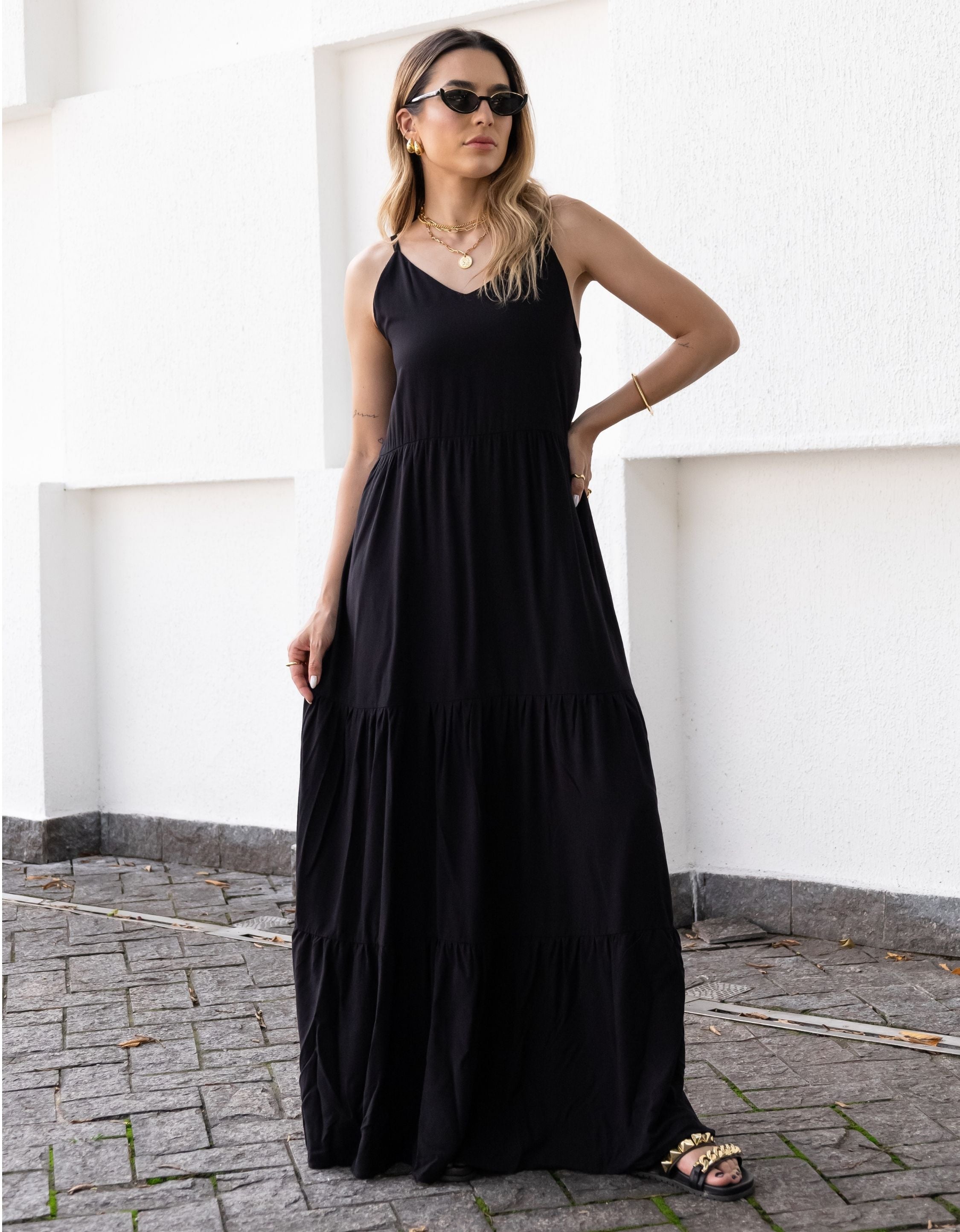 Vestido Longo Viscolinho com Alças Reguláveis