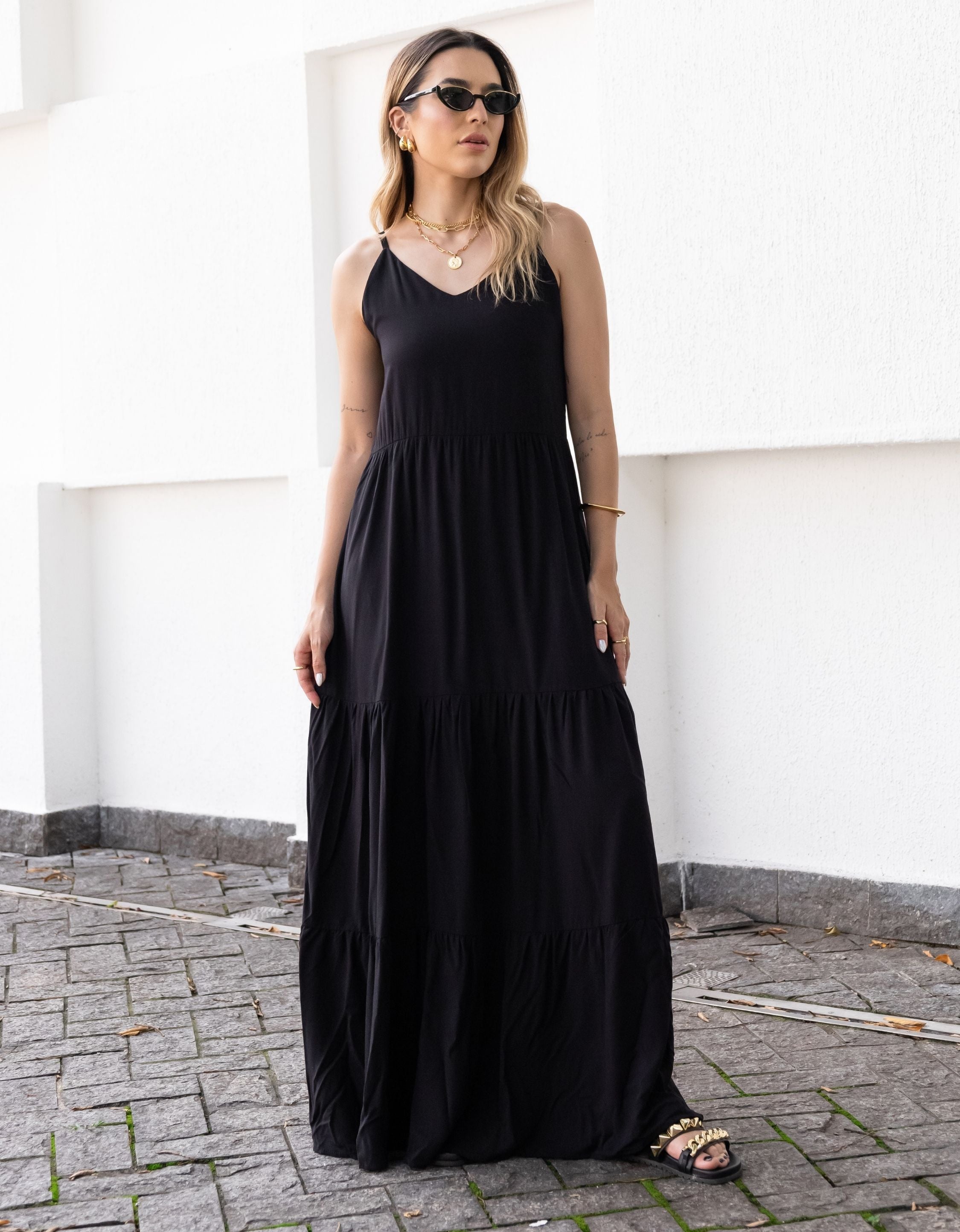 Vestido Longo Viscolinho com Alças Reguláveis
