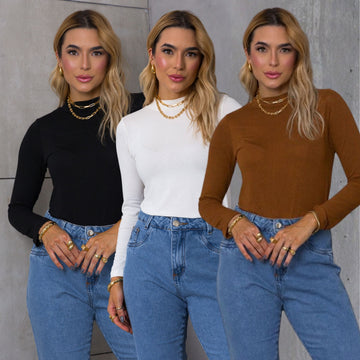 Kit 03 peças Blusa Gola Alta Cacharrel Malha de Viscose