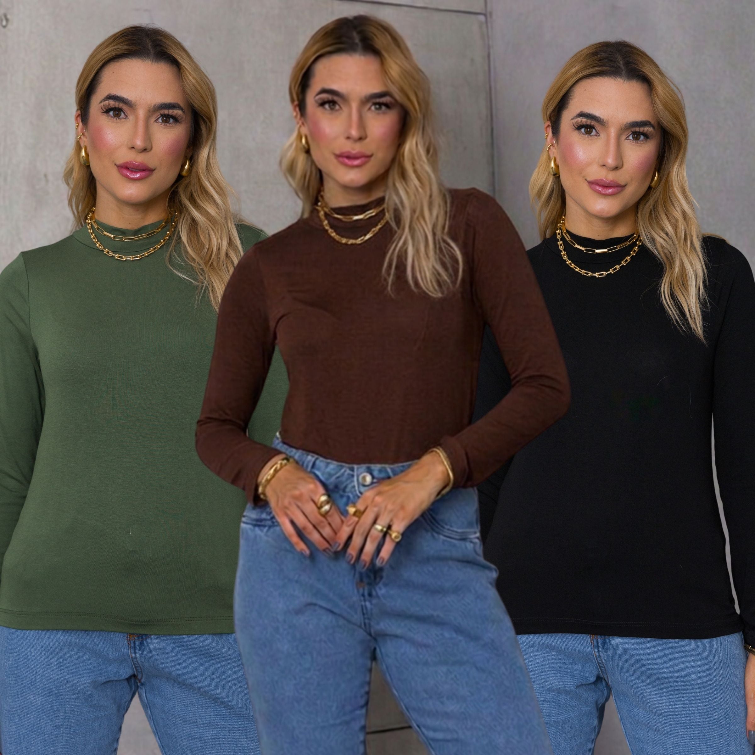 Kit 03 peças Blusa Gola Alta Cacharrel Malha de Viscose