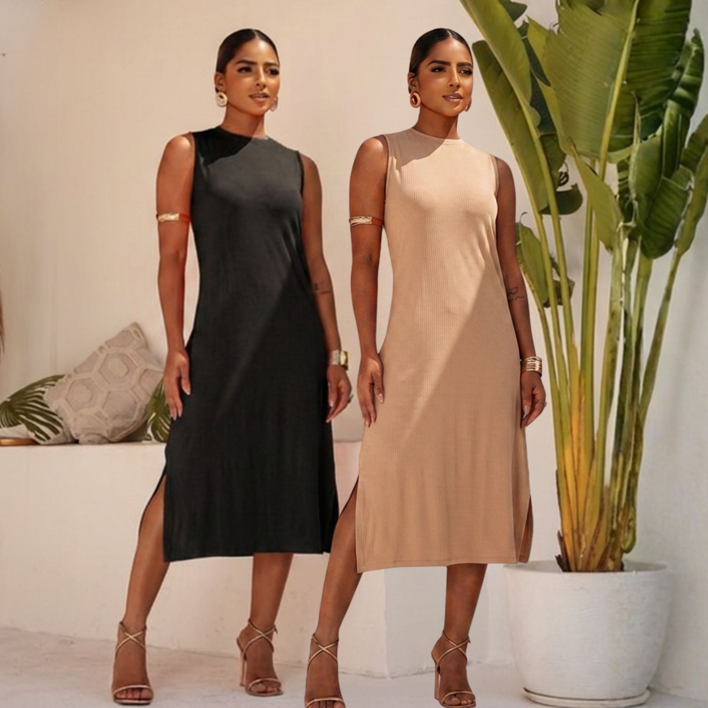 Kit 02 Vestidos Midi Malha de Viscose com Fenda Lateral