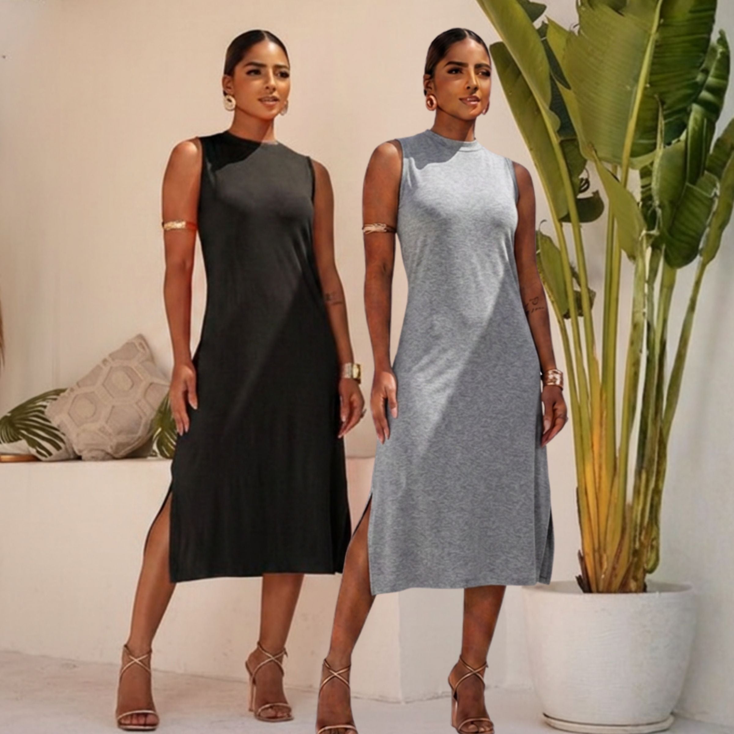 Kit 02 Vestidos Midi Malha de Viscose com Fenda Lateral