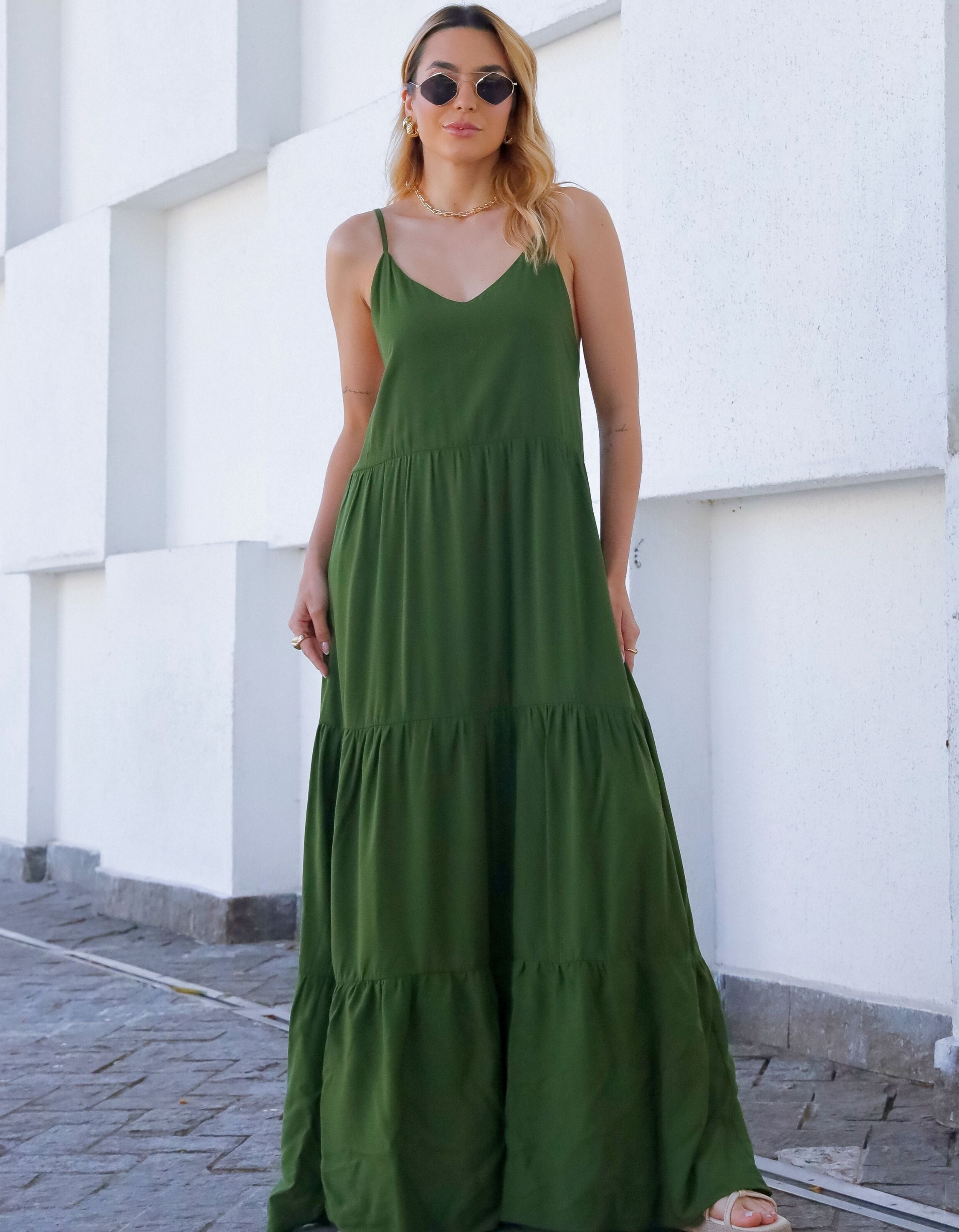 Vestido Longo Viscolinho com Alças Reguláveis