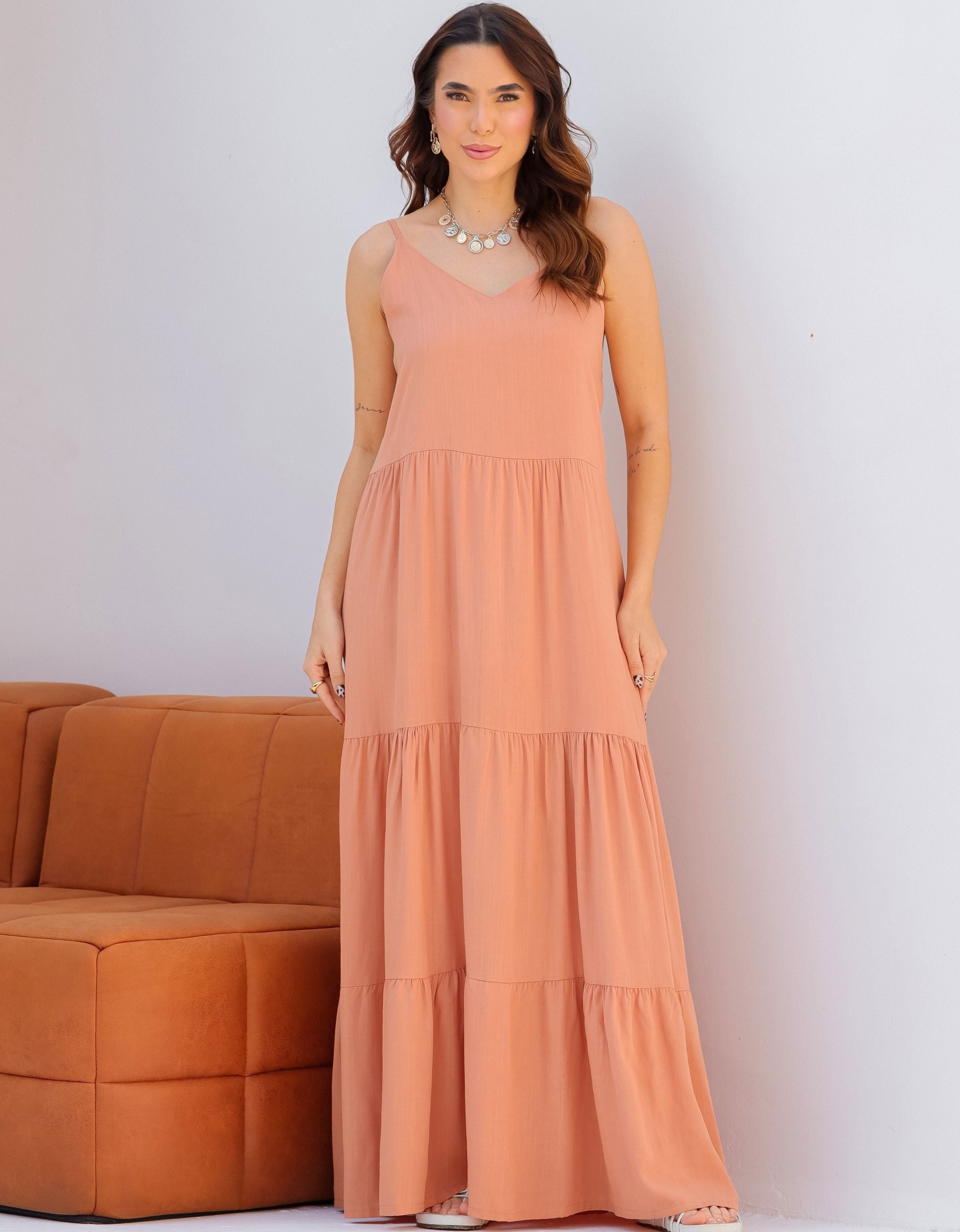 Vestido Longo Viscolinho com Alças Reguláveis