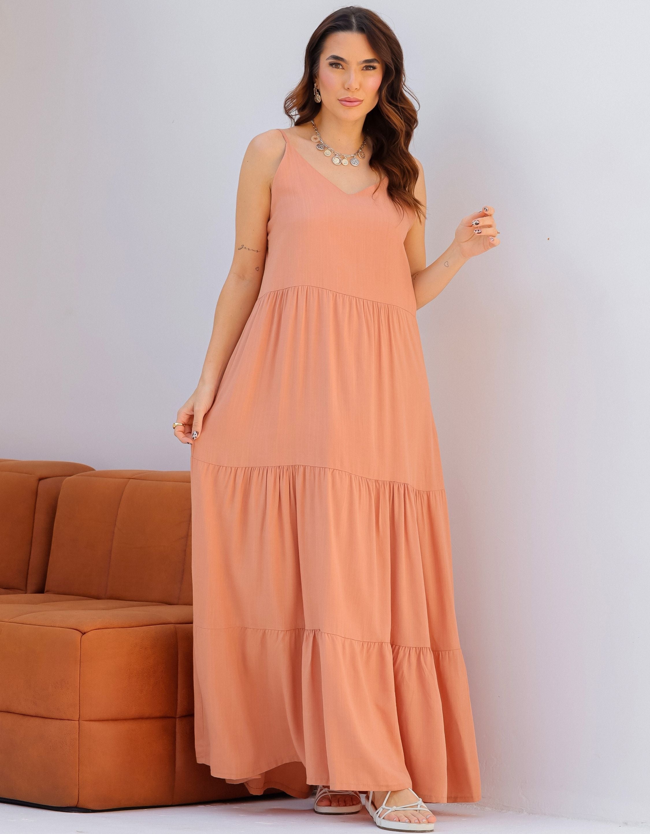 Vestido Longo Viscolinho com Alças Reguláveis