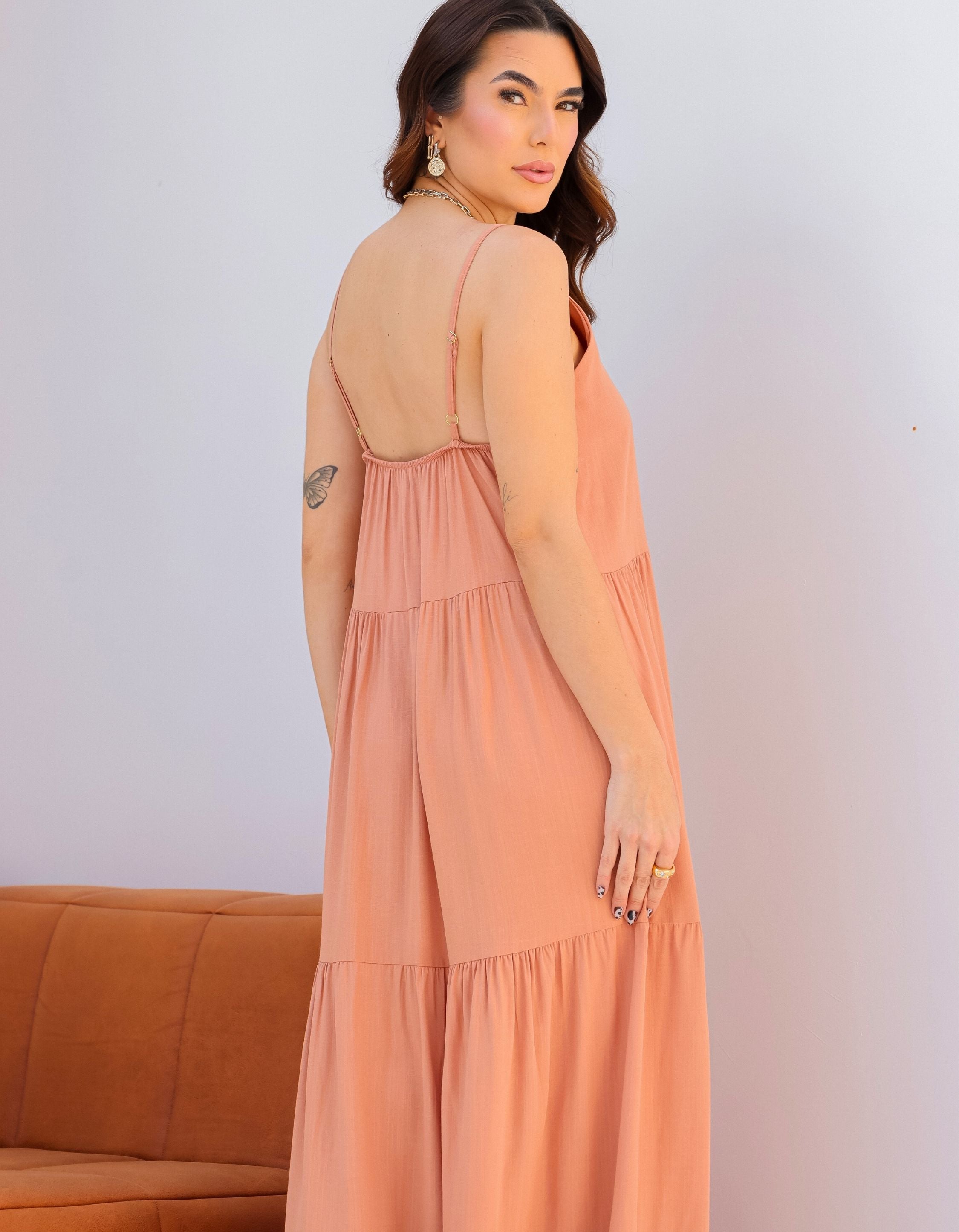 Vestido Longo Viscolinho com Alças Reguláveis