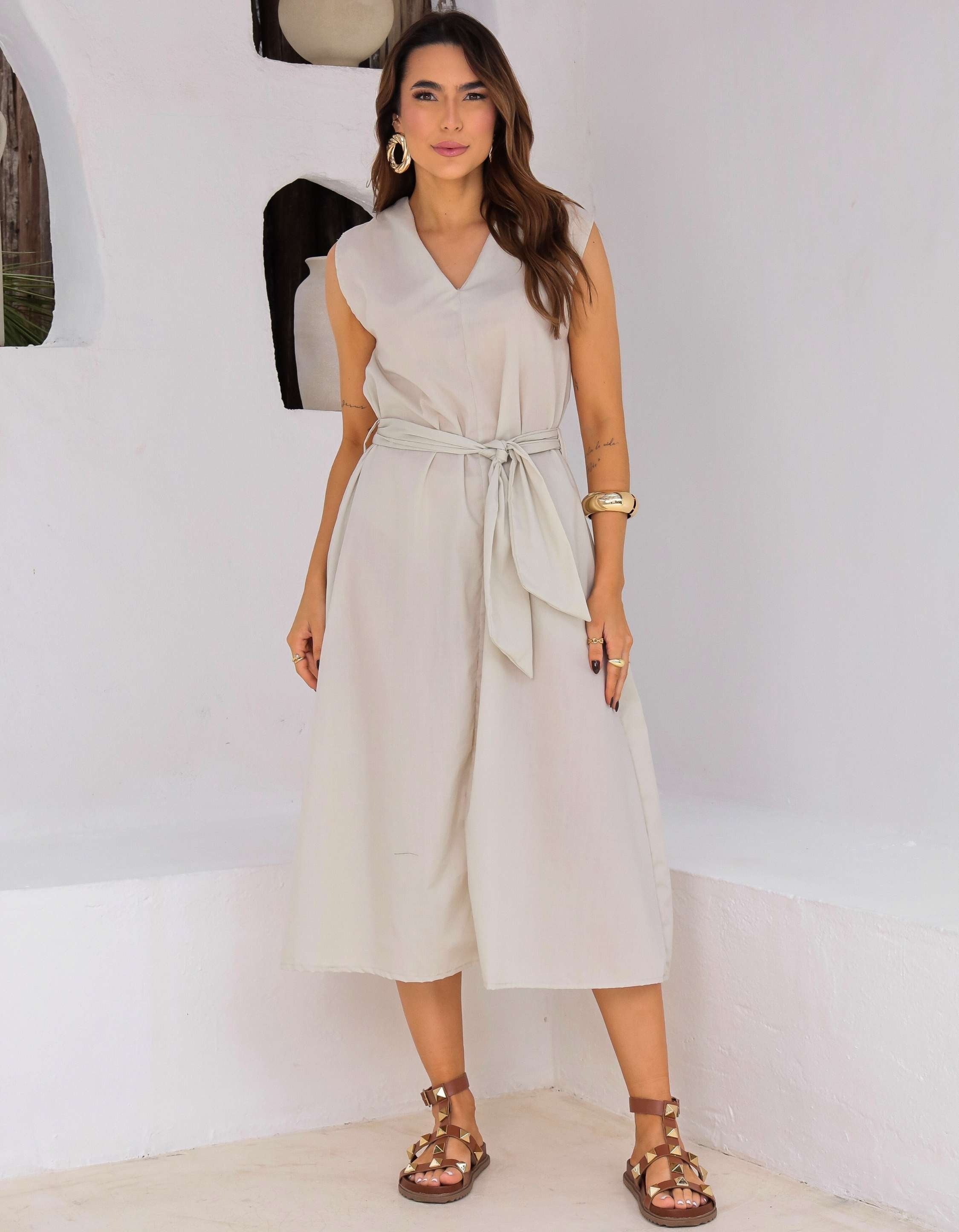Vestido Evase Midi Tricoline com Amarração