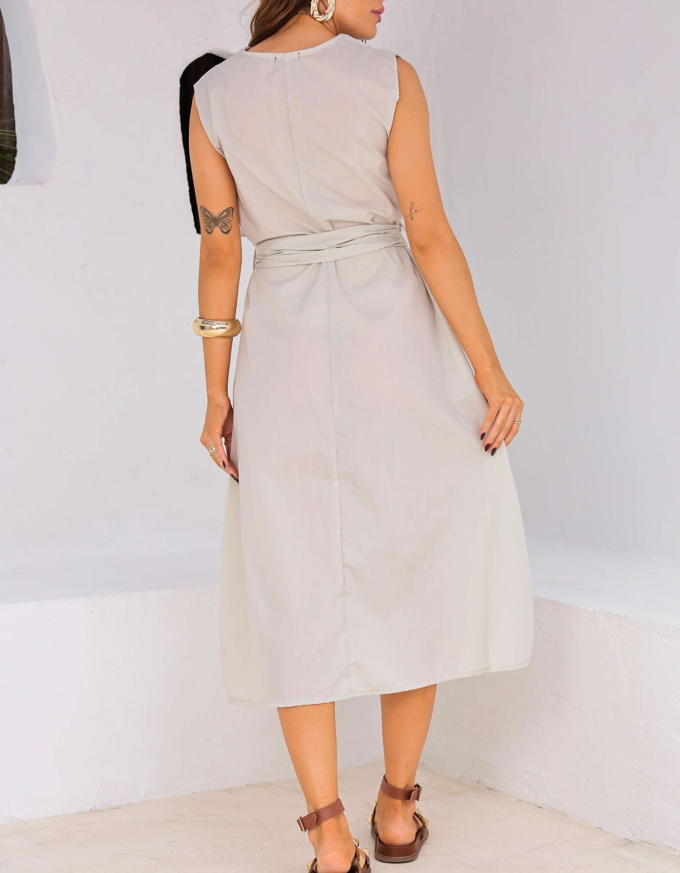 Vestido Evase Midi Tricoline com Amarração
