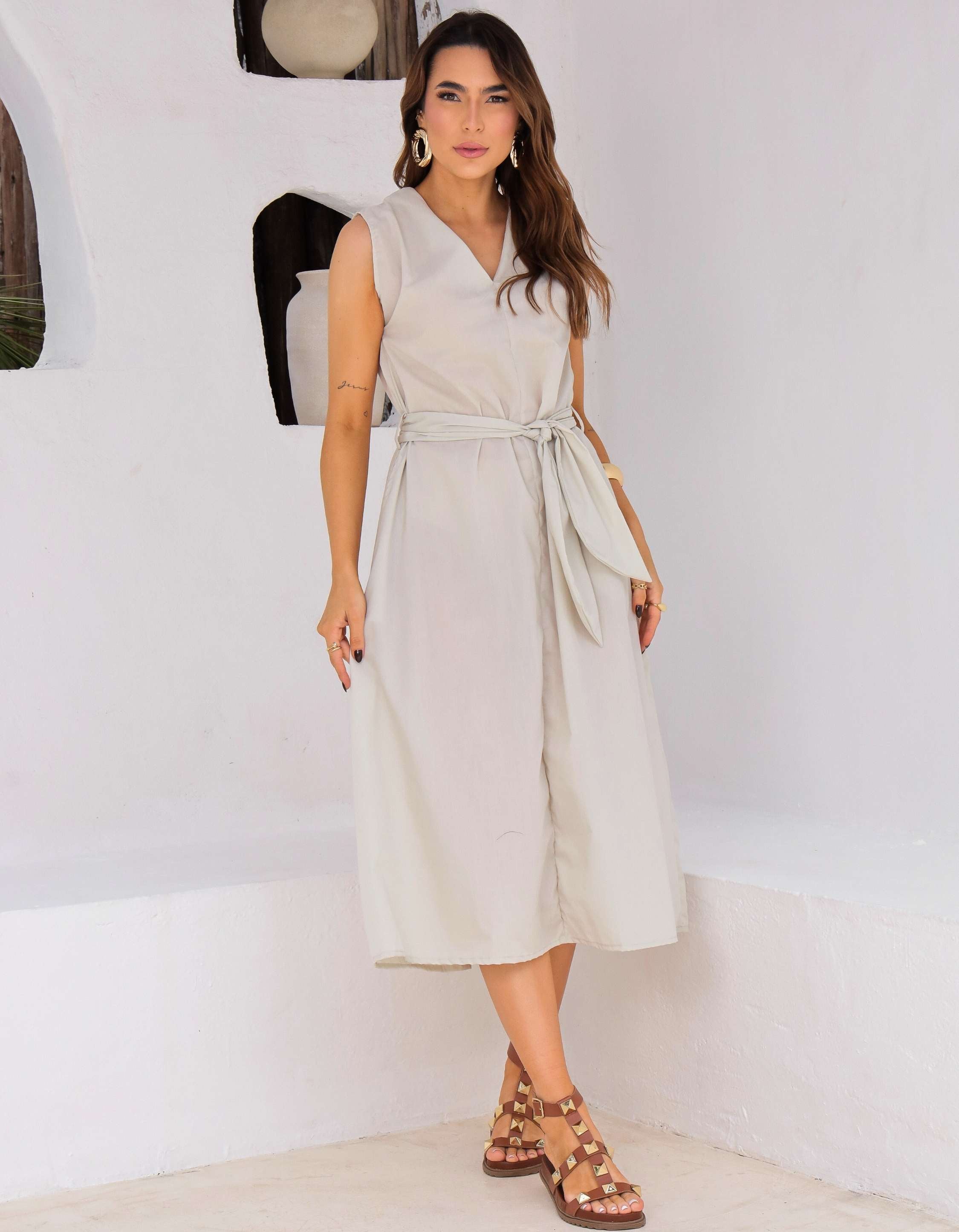 Vestido Evase Midi Tricoline com Amarração