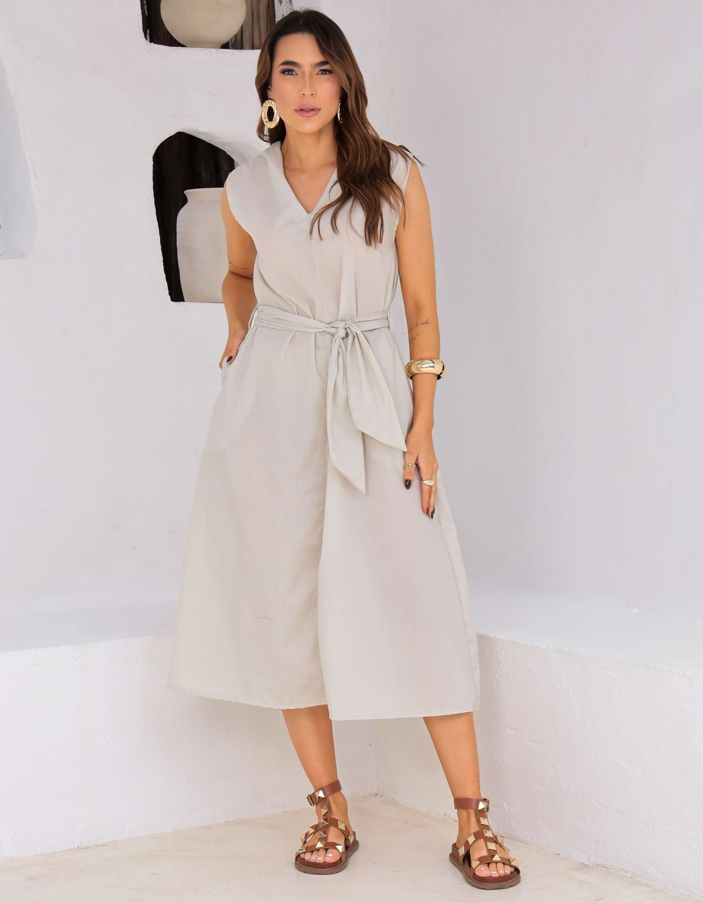 Vestido Evase Midi Tricoline com Amarração