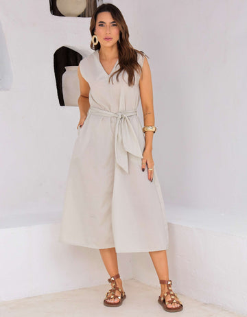 Vestido Evase Midi Tricoline com Amarração