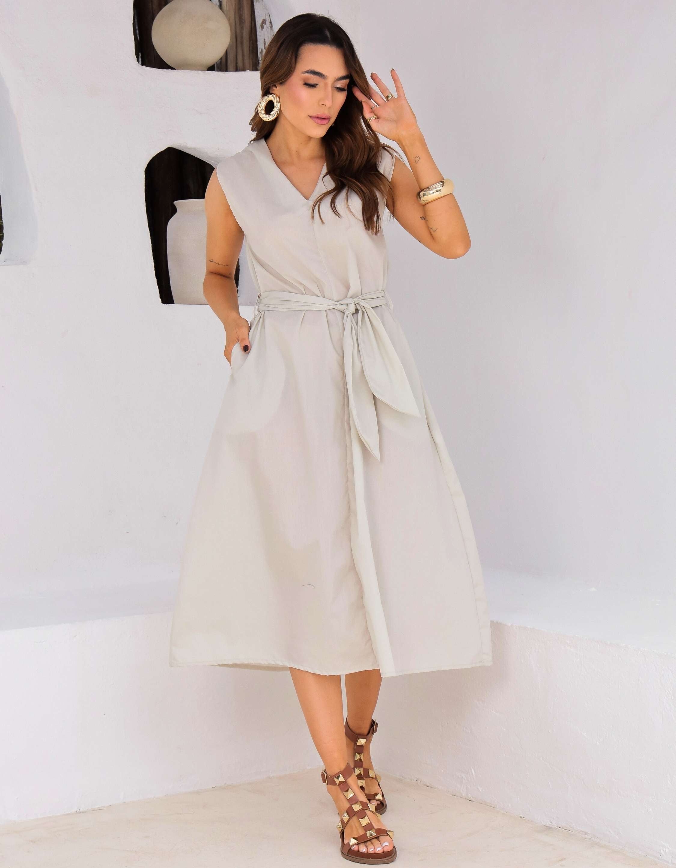 Vestido Evase Midi Tricoline com Amarração