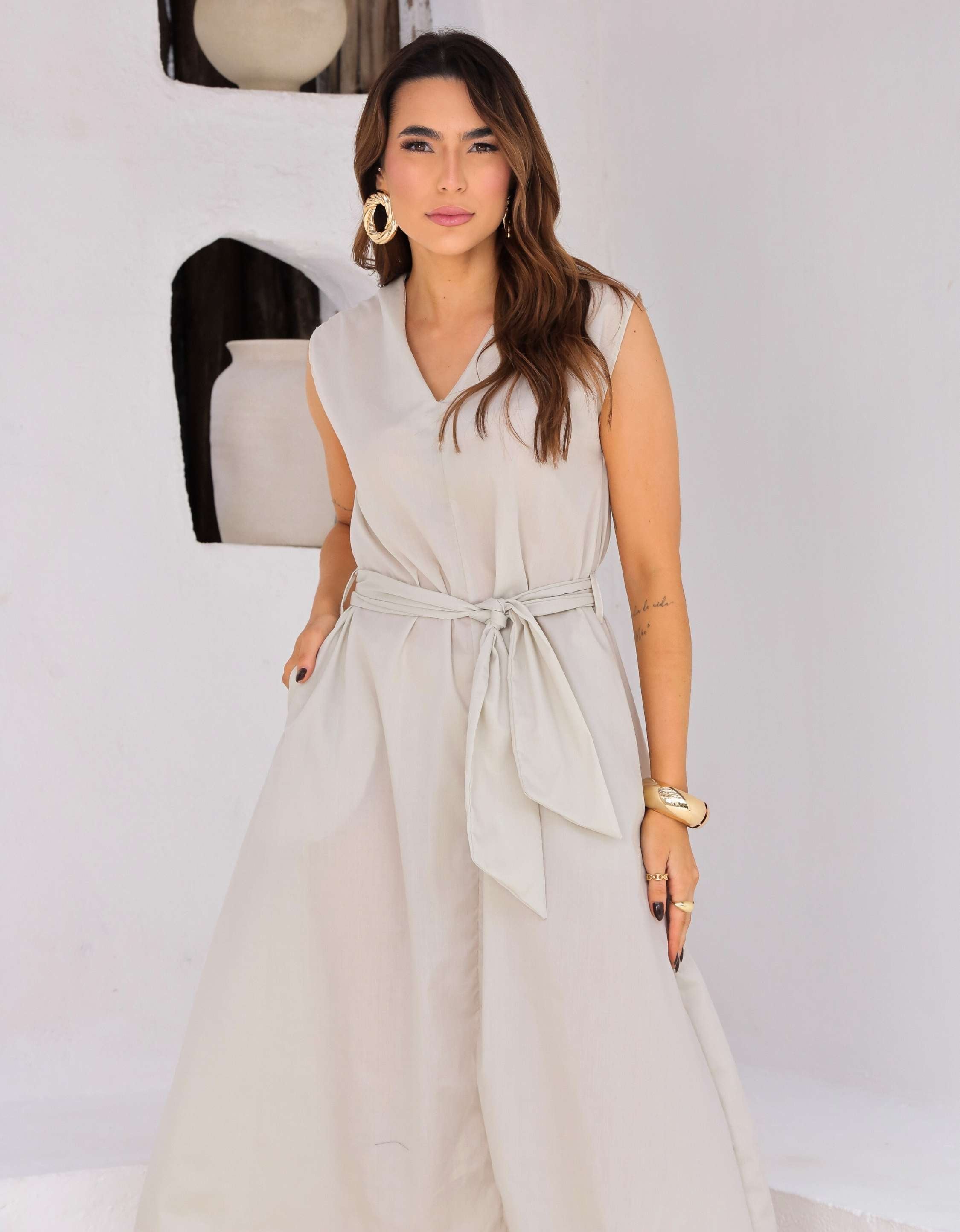 Vestido Evase Midi Tricoline com Amarração