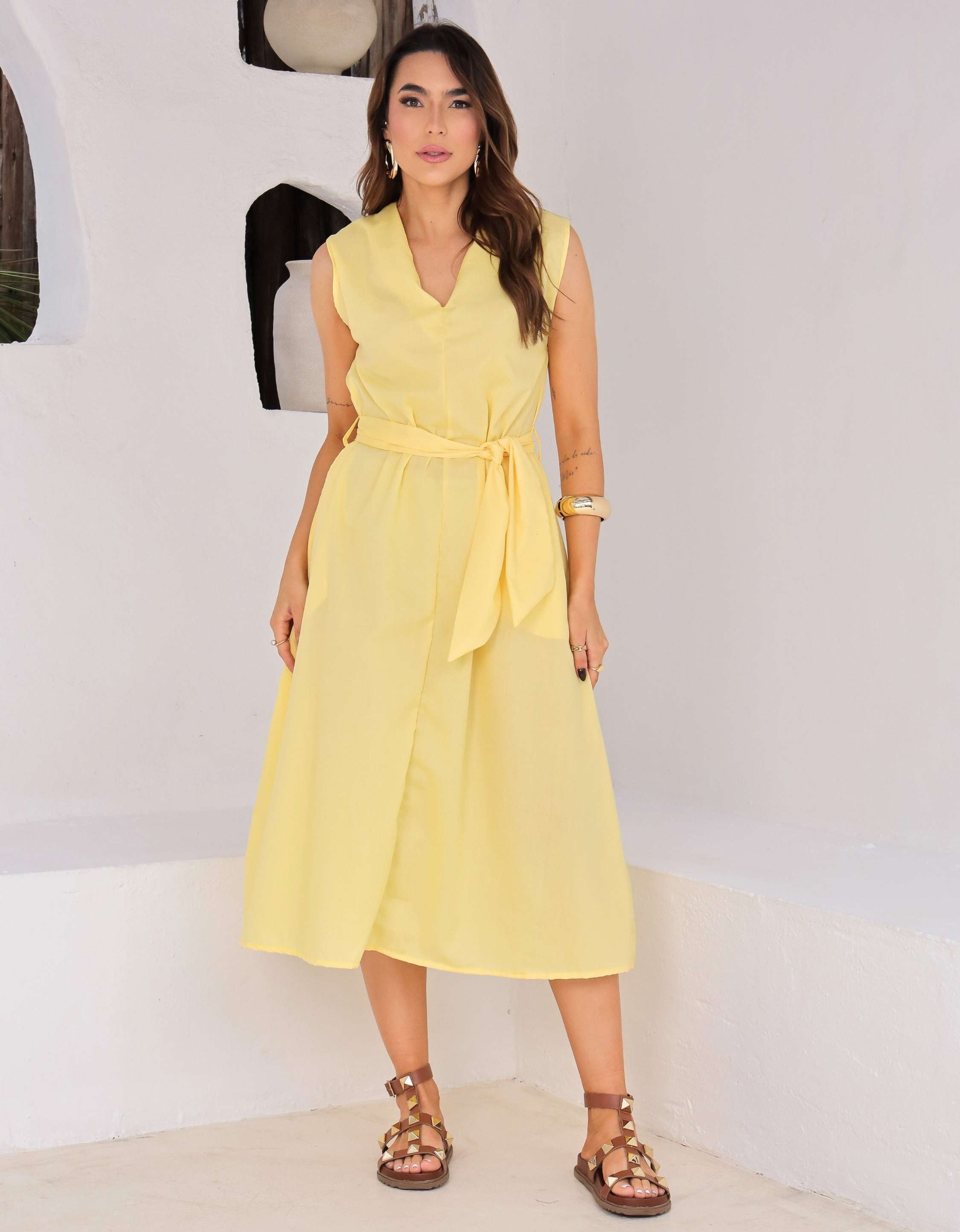 Vestido Evase Midi Tricoline com Amarração