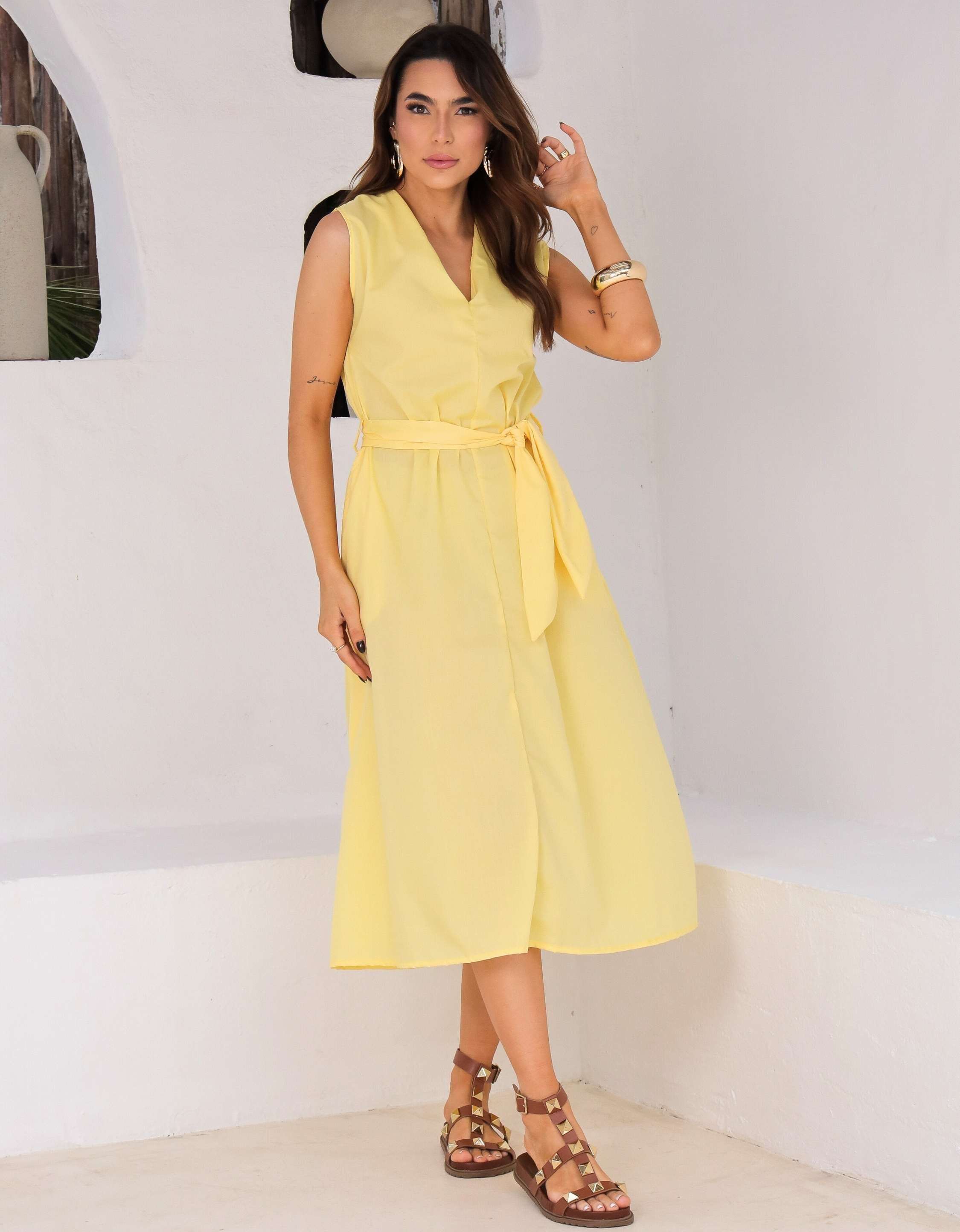 Vestido Evase Midi Tricoline com Amarração