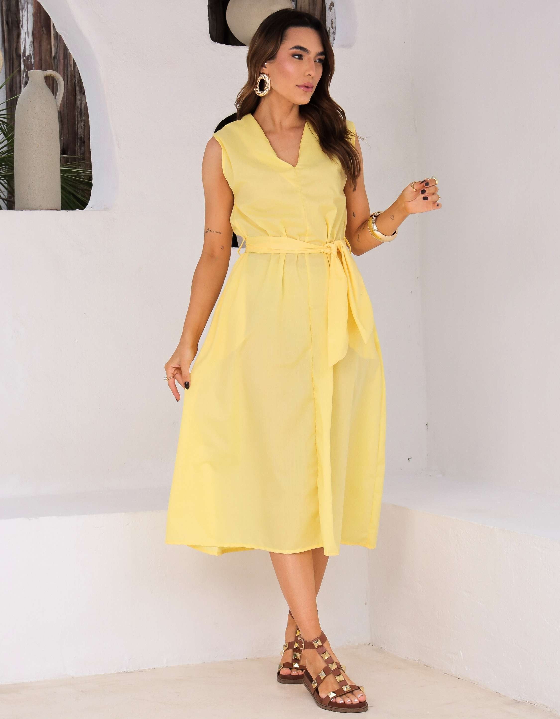 Vestido Evase Midi Tricoline com Amarração