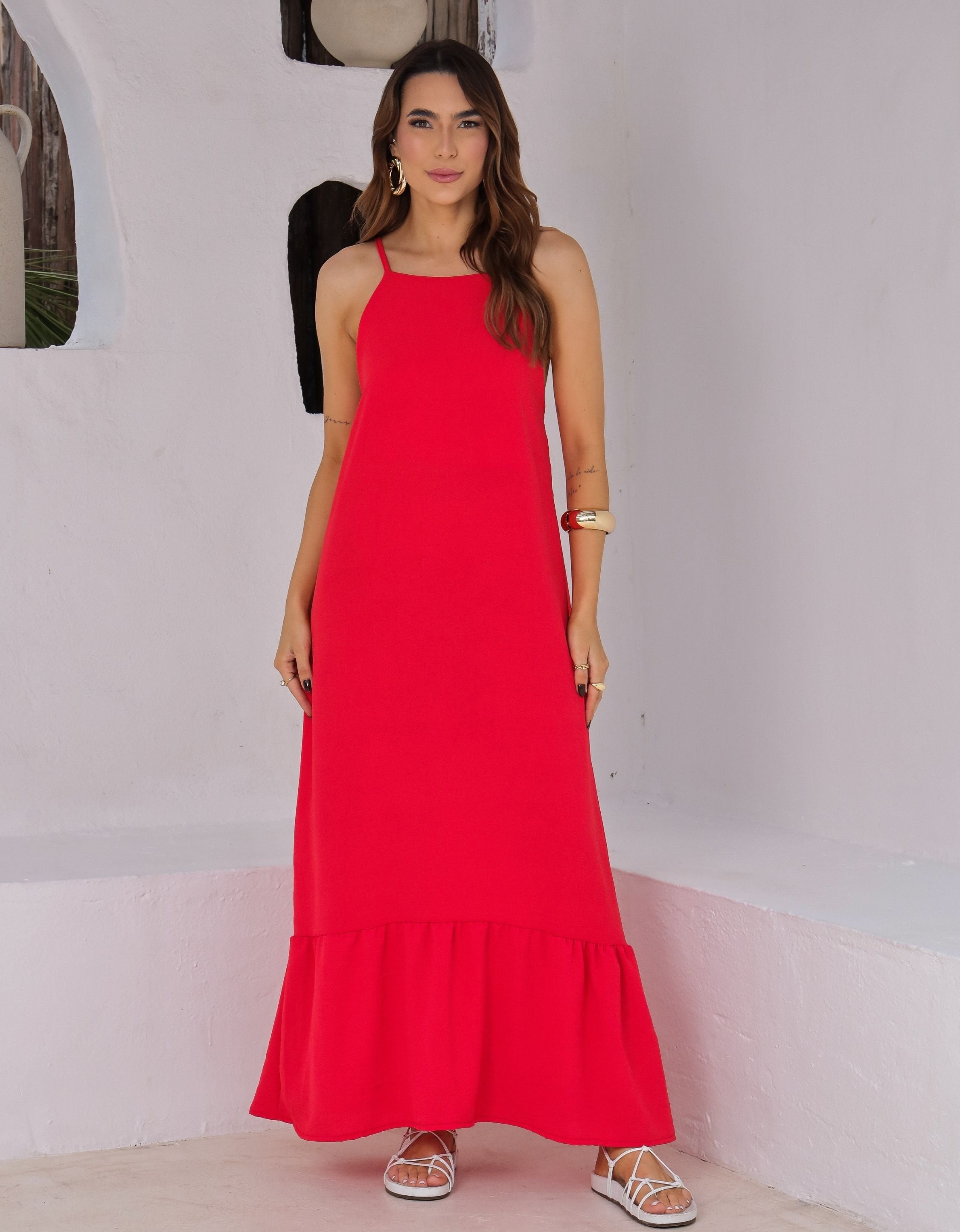 Vestido Longo em Crepe com Alças Reguláveis