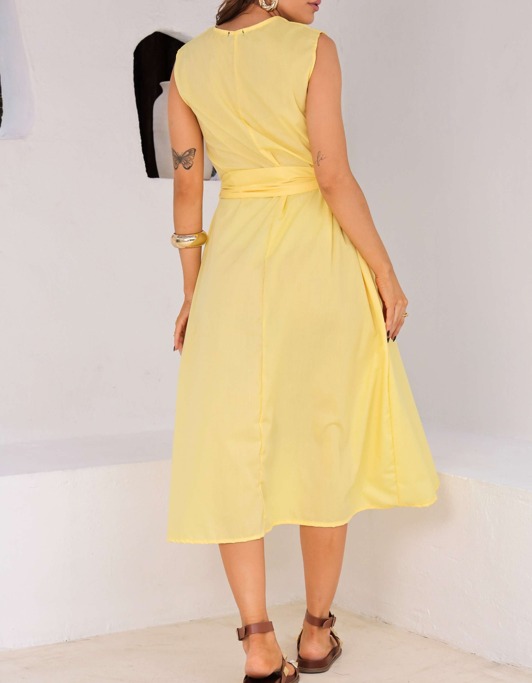 Vestido Evase Midi Tricoline com Amarração