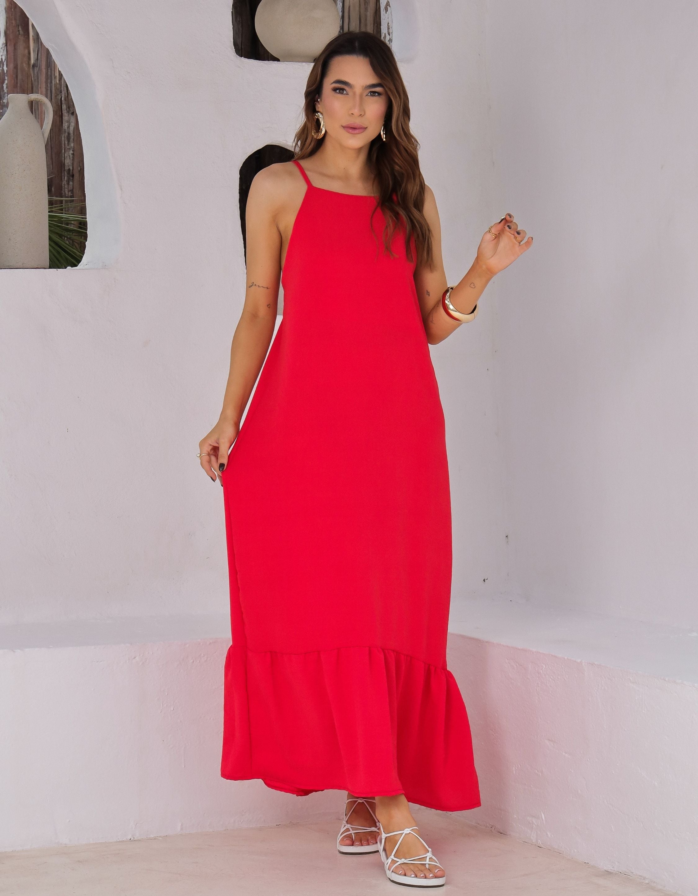Vestido Longo em Crepe com Alças Reguláveis
