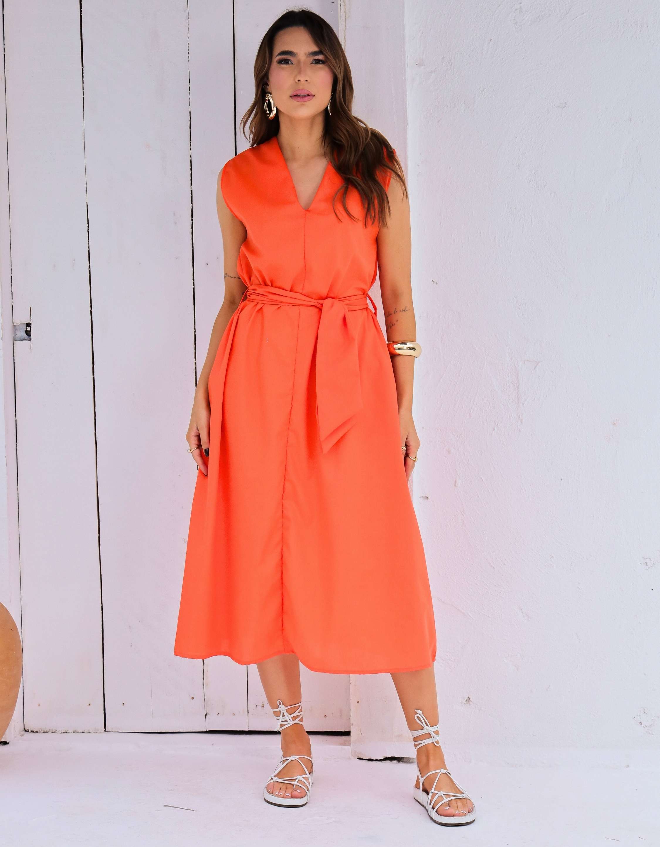 Vestido Evase Midi Tricoline com Amarração
