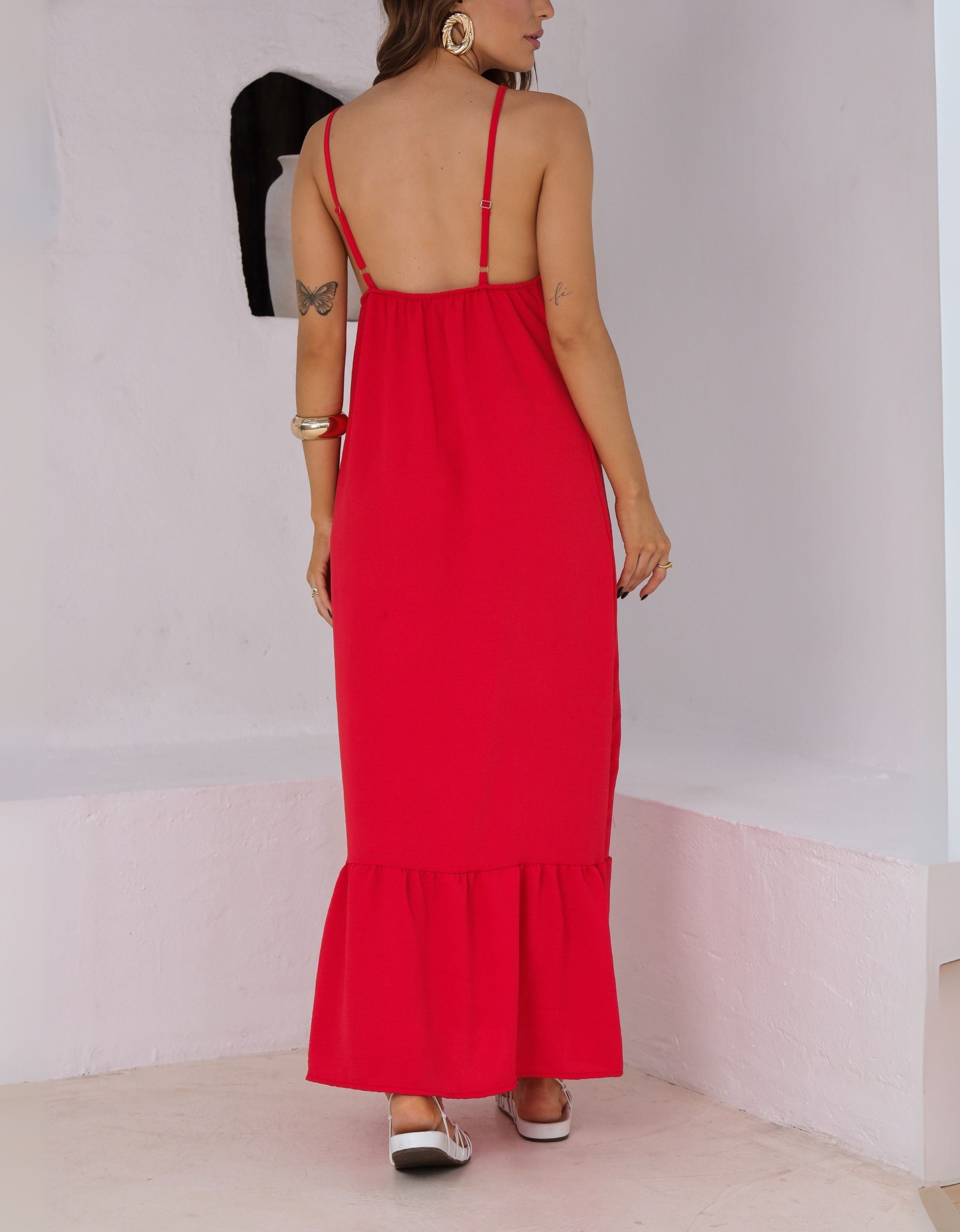 Vestido Longo em Crepe com Alças Reguláveis