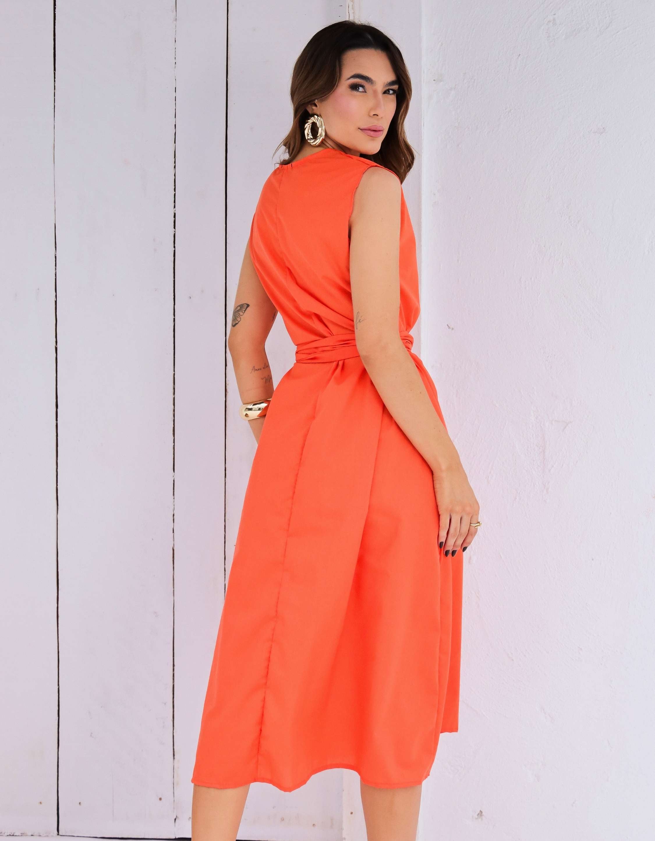Vestido Evase Midi Tricoline com Amarração