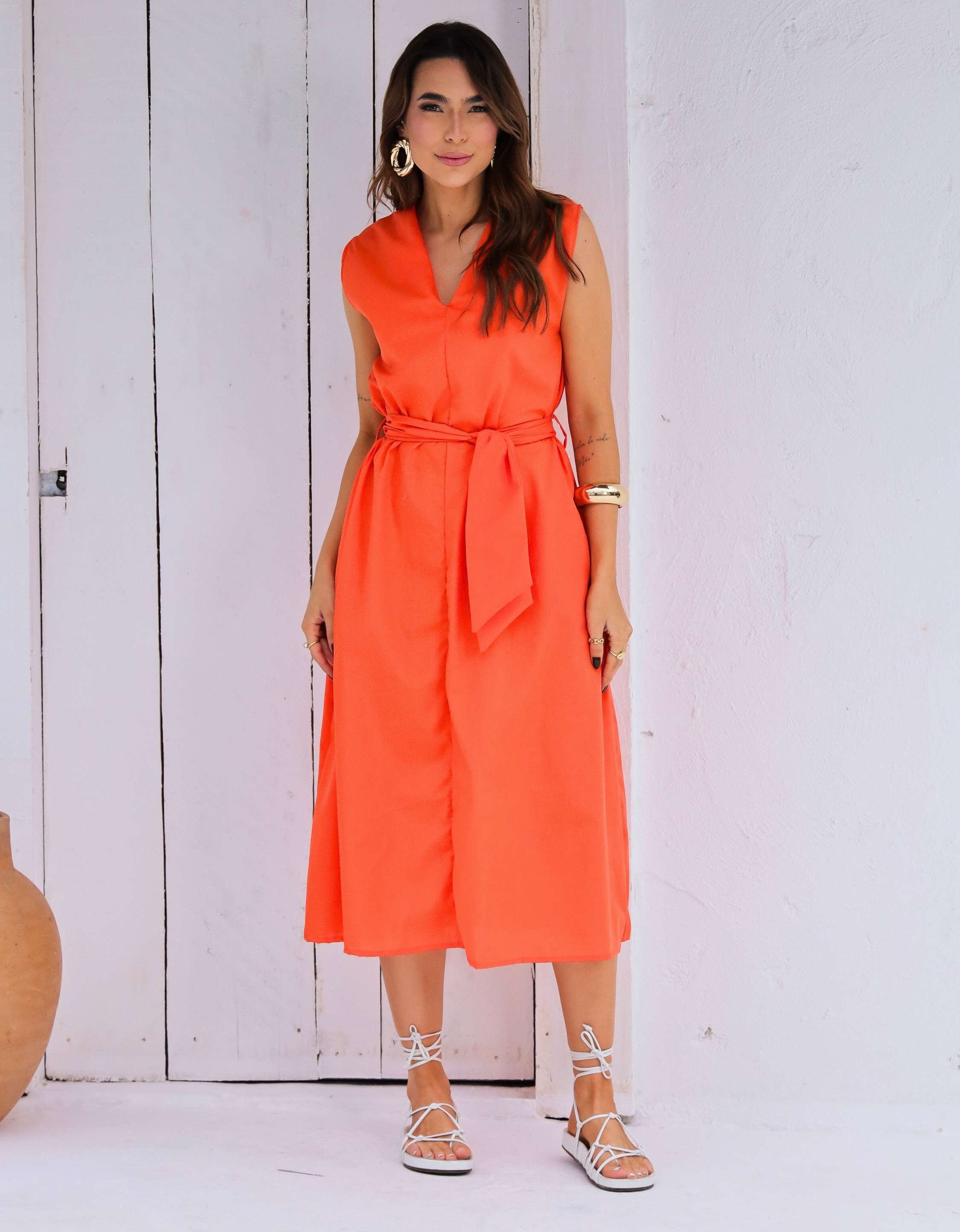Vestido Evase Midi Tricoline com Amarração