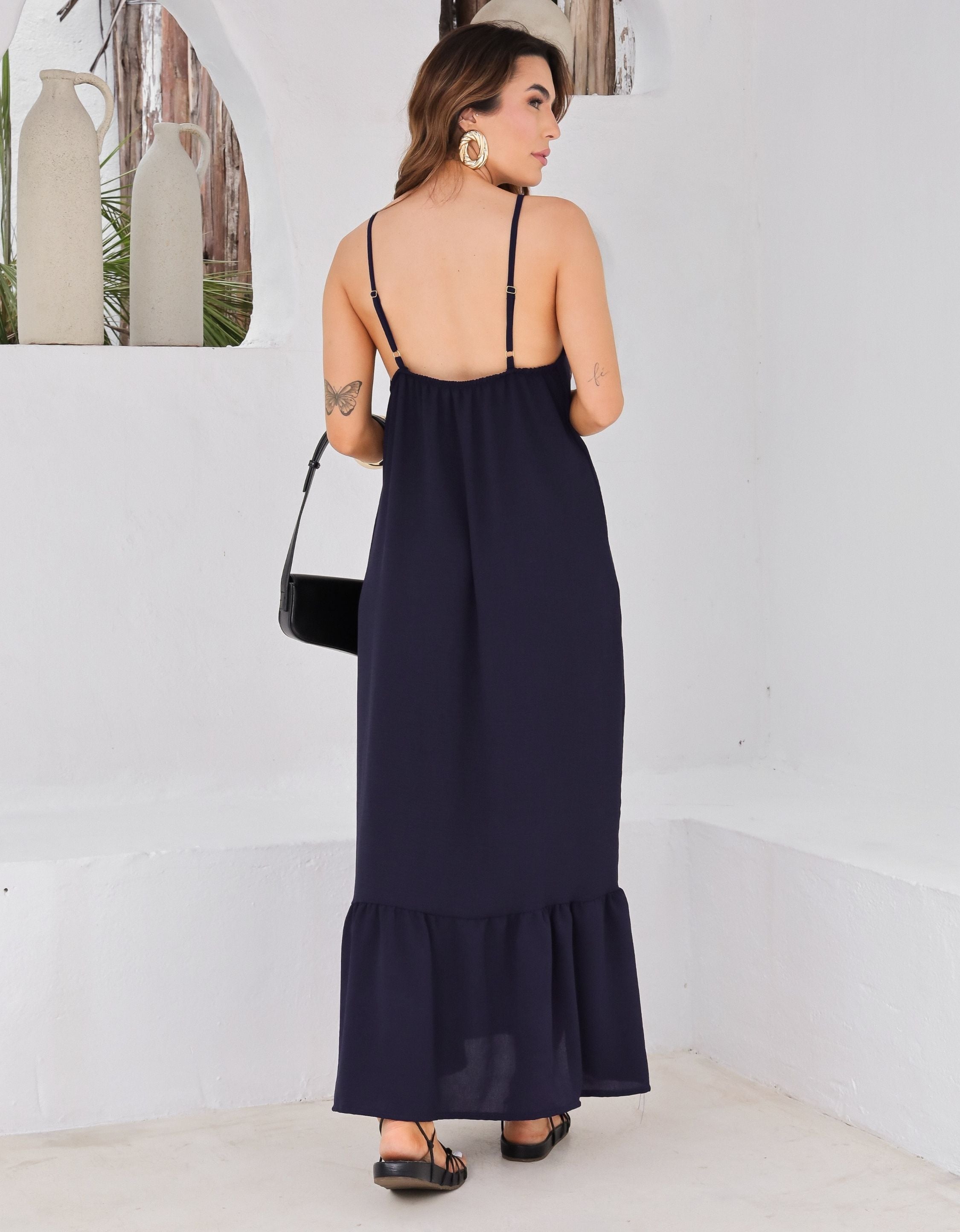 Vestido Longo em Crepe com Alças Reguláveis