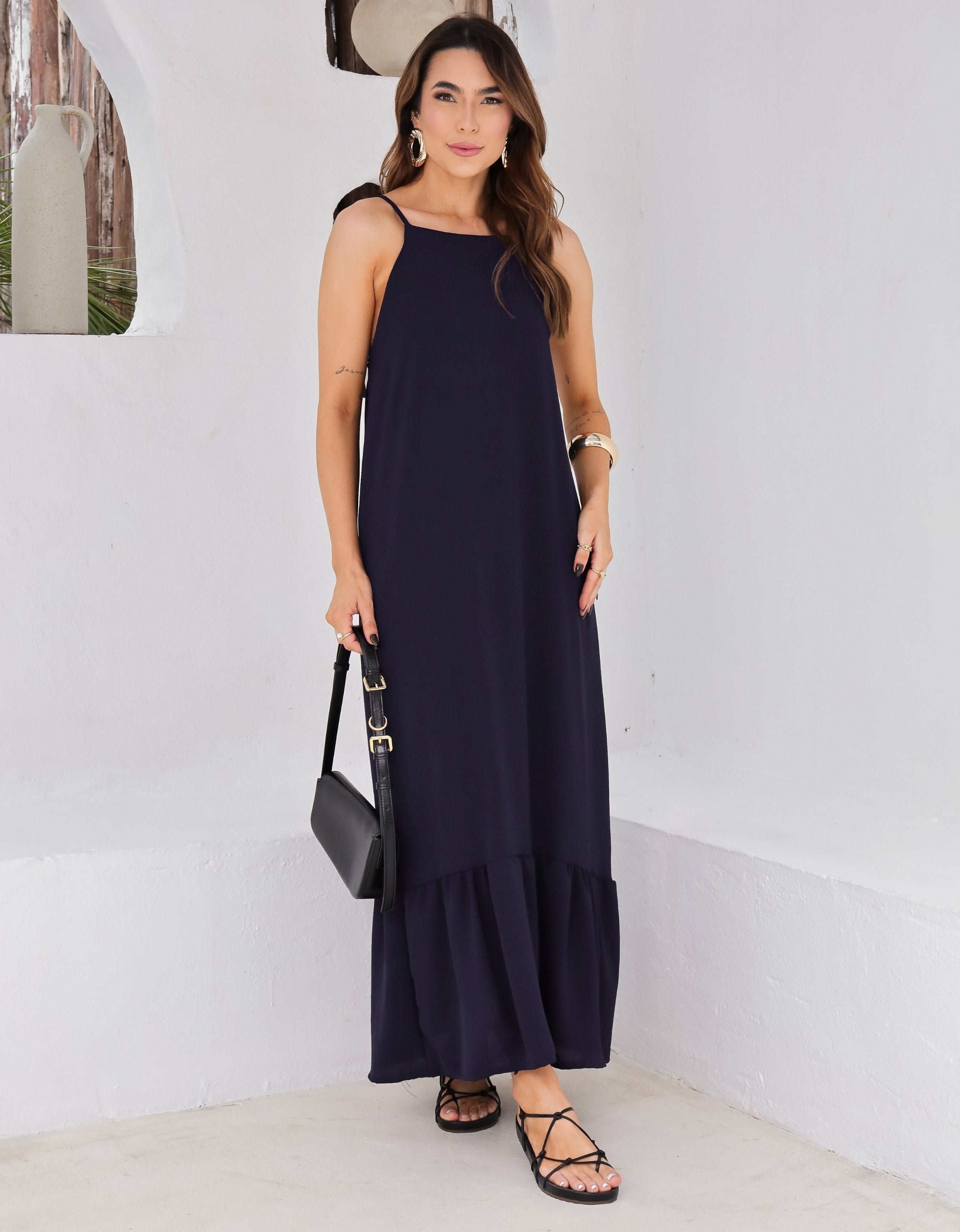 Vestido Longo em Crepe com Alças Reguláveis