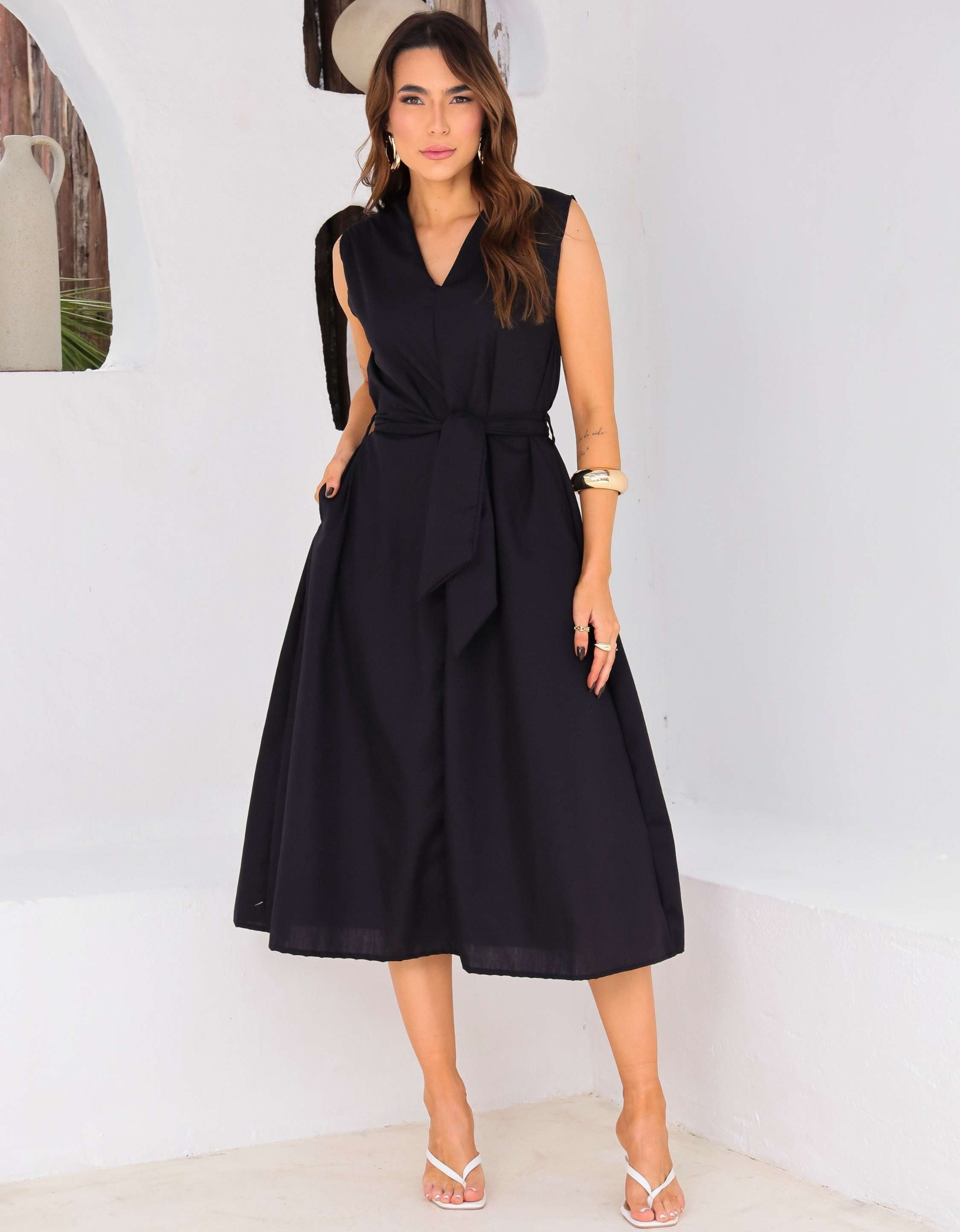 Vestido Evase Midi Tricoline com Amarração