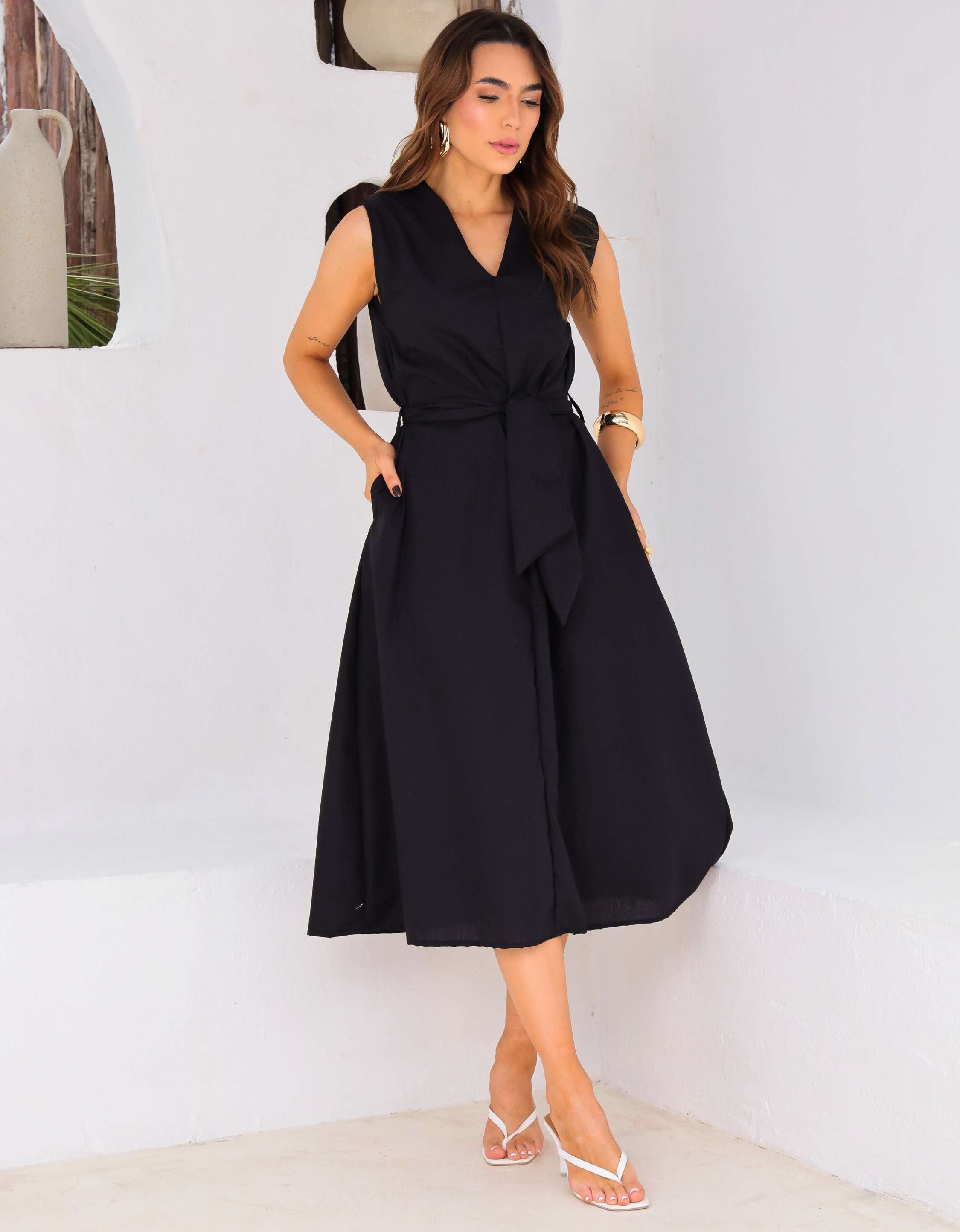 Vestido Evase Midi Tricoline com Amarração