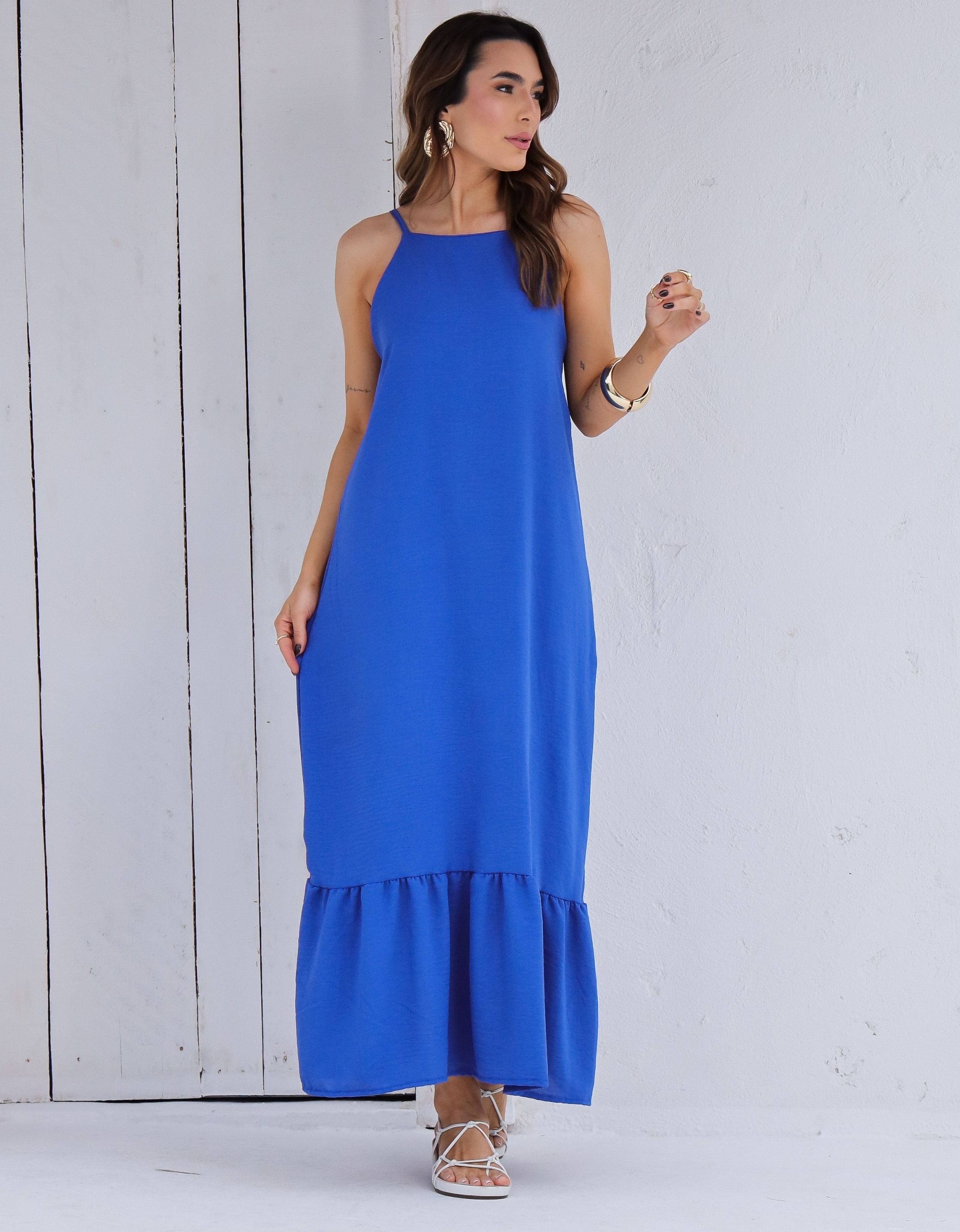 Vestido Longo em Crepe com Alças Reguláveis