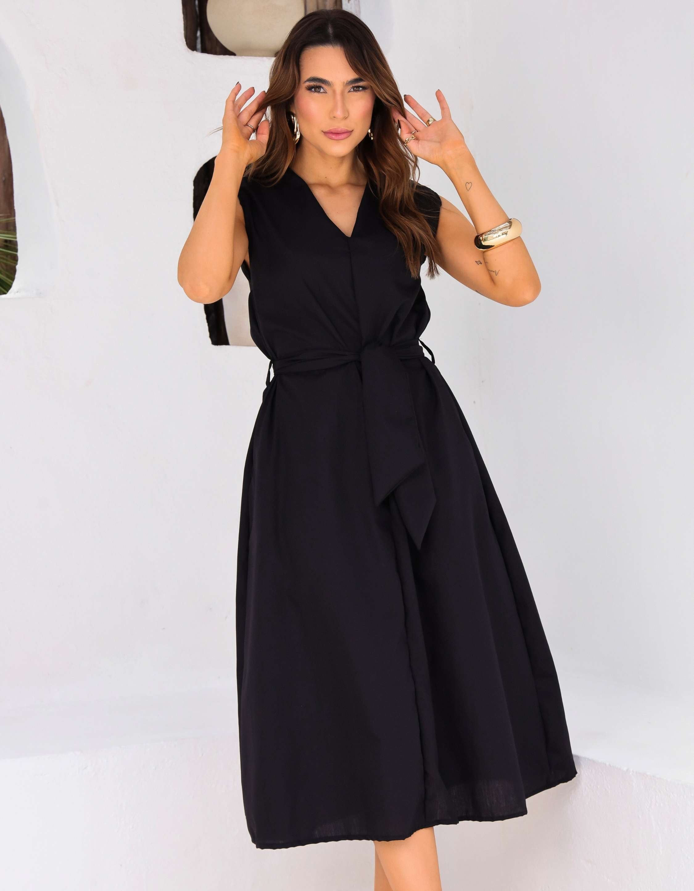 Vestido Evase Midi Tricoline com Amarração