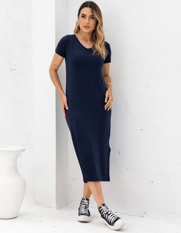 Vestido Midi Malha de Viscose com Mangas e Gola V
