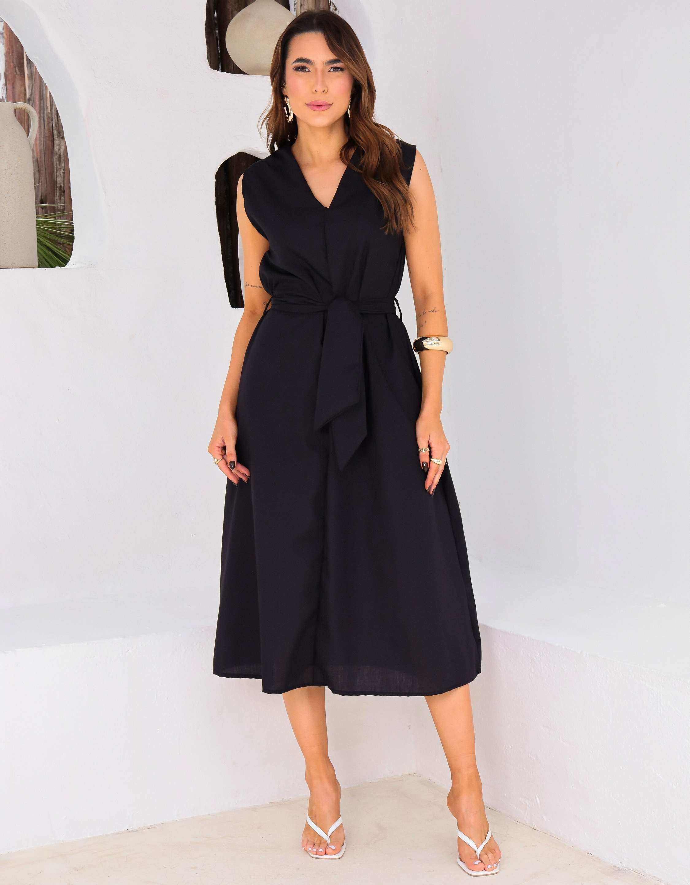 Vestido Evase Midi Tricoline com Amarração