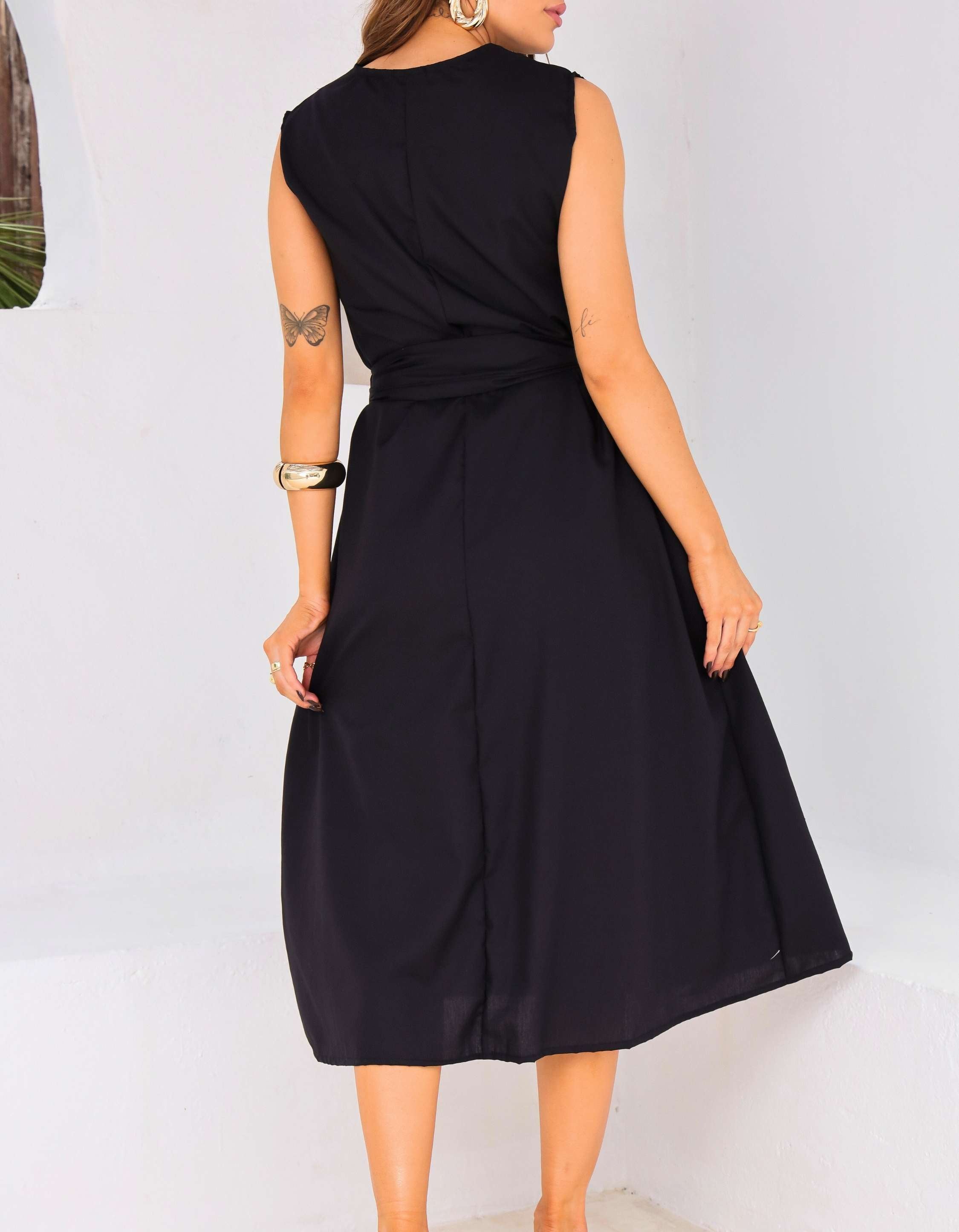 Vestido Evase Midi Tricoline com Amarração