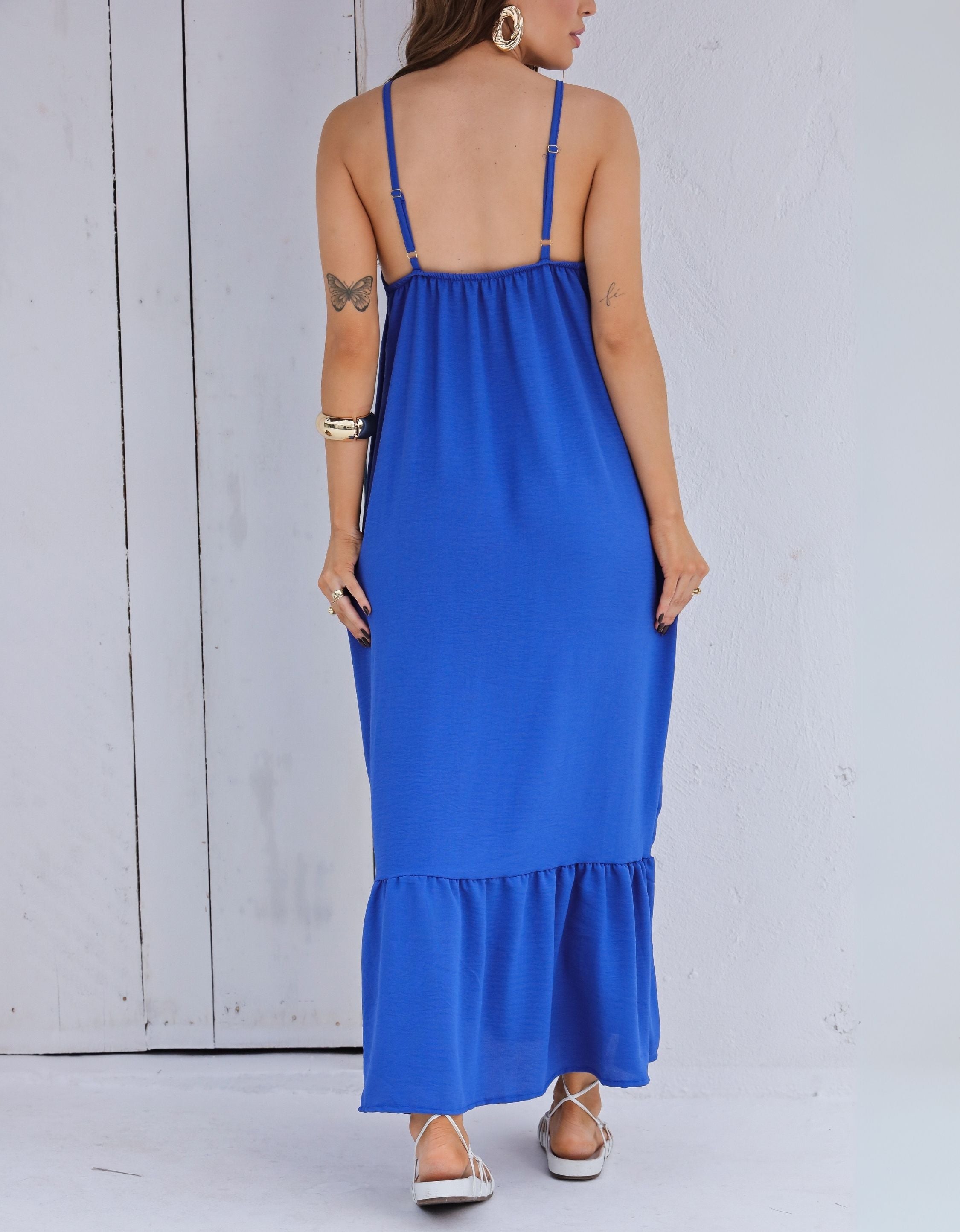 Vestido Longo em Crepe com Alças Reguláveis