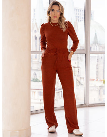 Conjunto Malha de Tricot Calça e Blusa Gola Alta