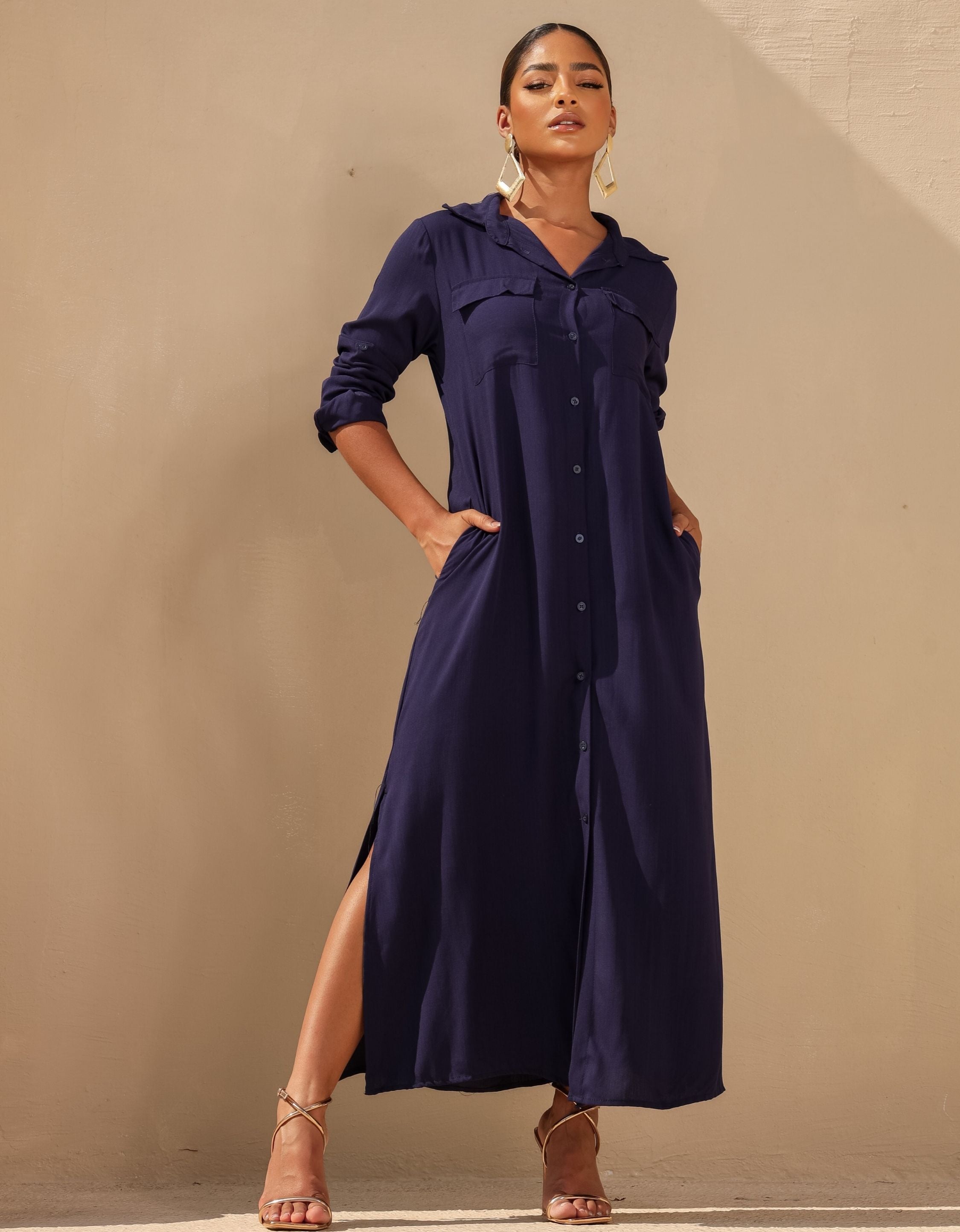 Vestido Longo Elegante Chemise em Viscose
