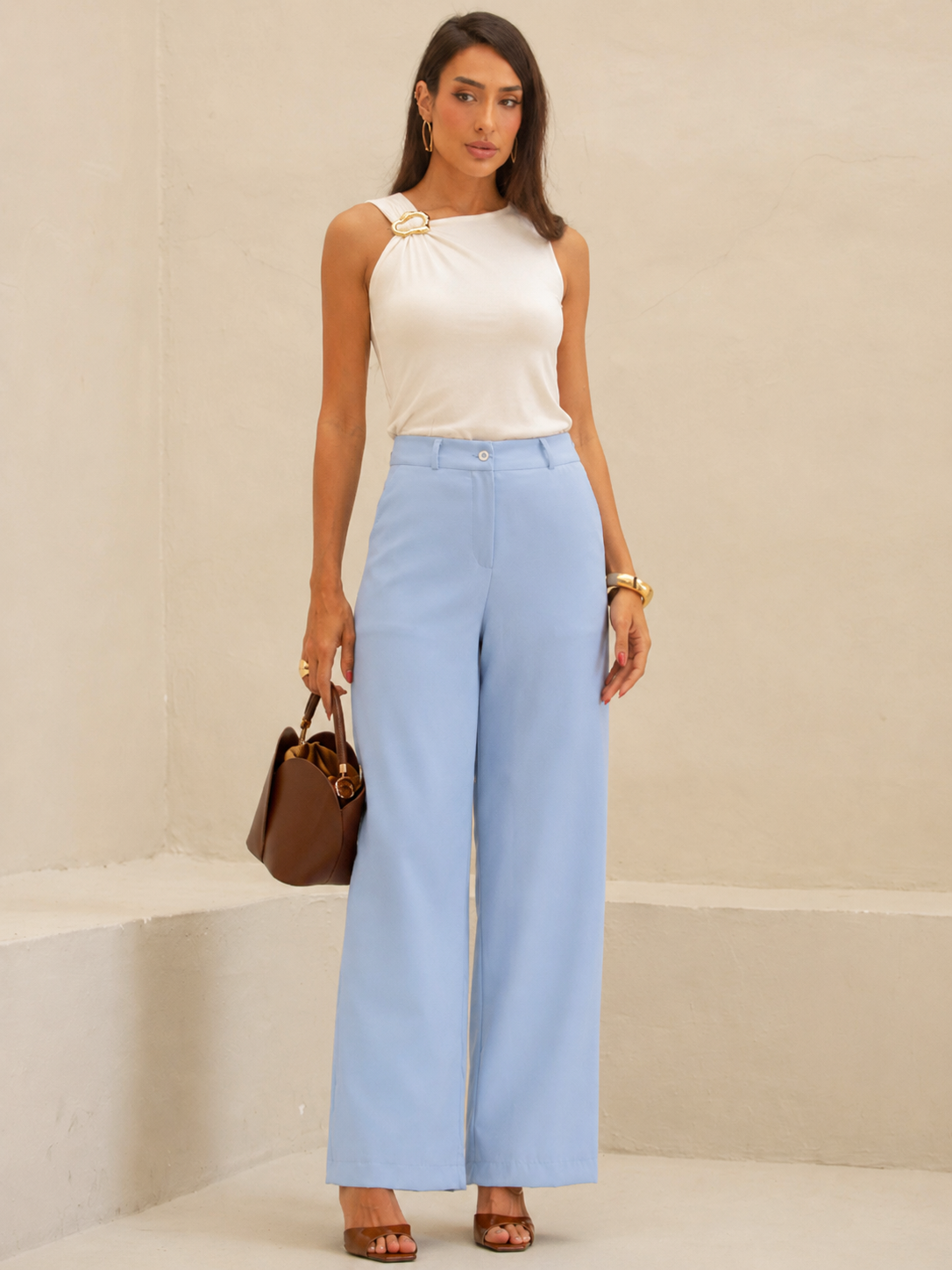Calça Pantalona Alfaiataria Cintura Alta Elegante